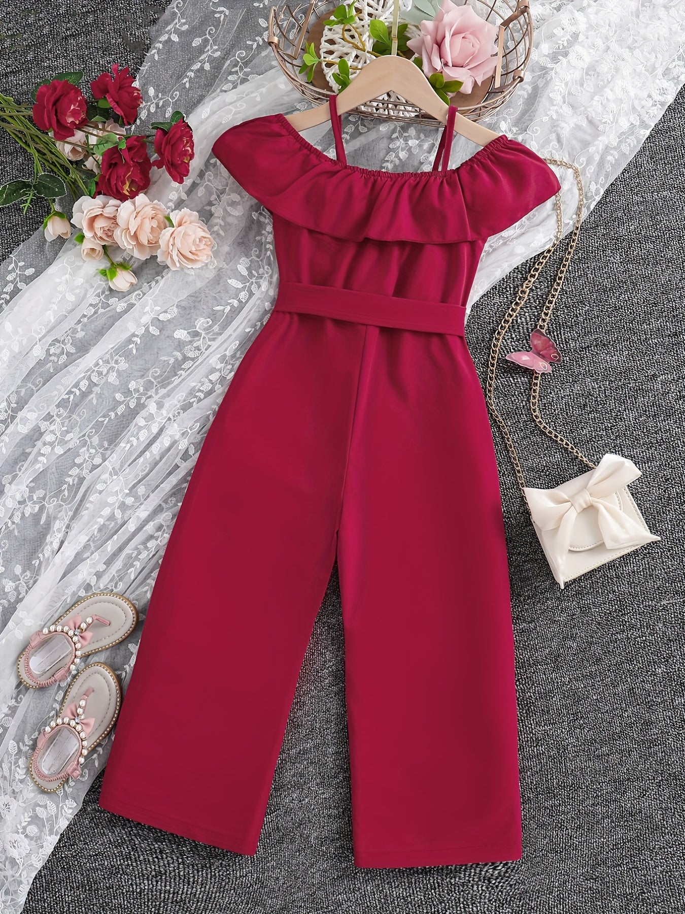 Девочки Рюфель Ками Комбинезон Открытые плечи Пояс Лето Весна Осень Детский Тканый Полиэстер