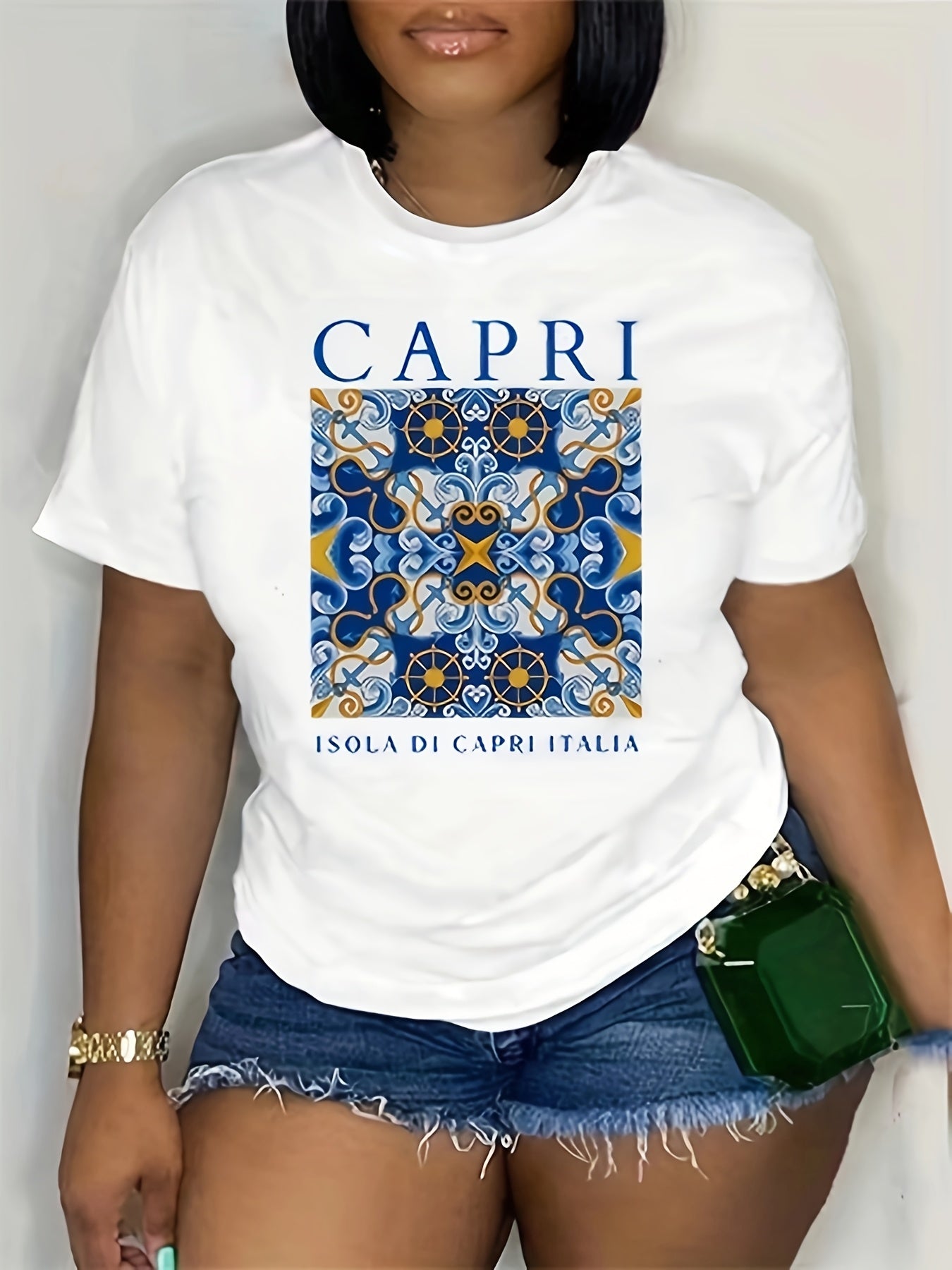Women's White Capri Print T-Shirt Casual Relaxed Fit Blue Golden Mandala