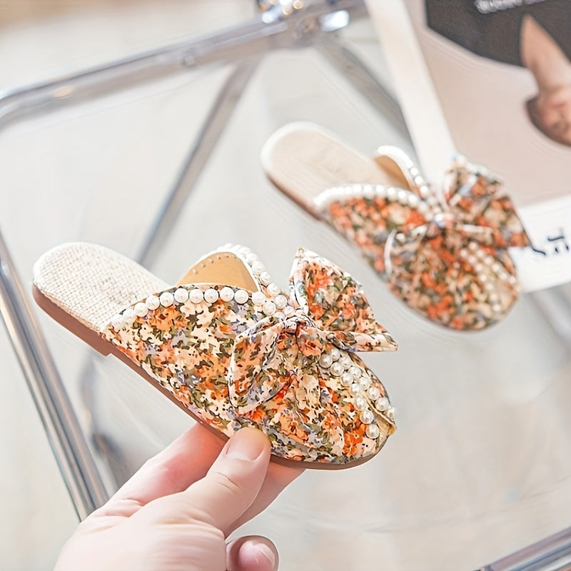 Girls Floral Fabric Indoor Shoes with Pearl Decor Non-Slip Sole