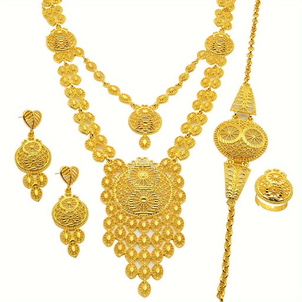 Gold-Tone Jewelry Set with Intricate Hollow Carvings for Weddings and Parties