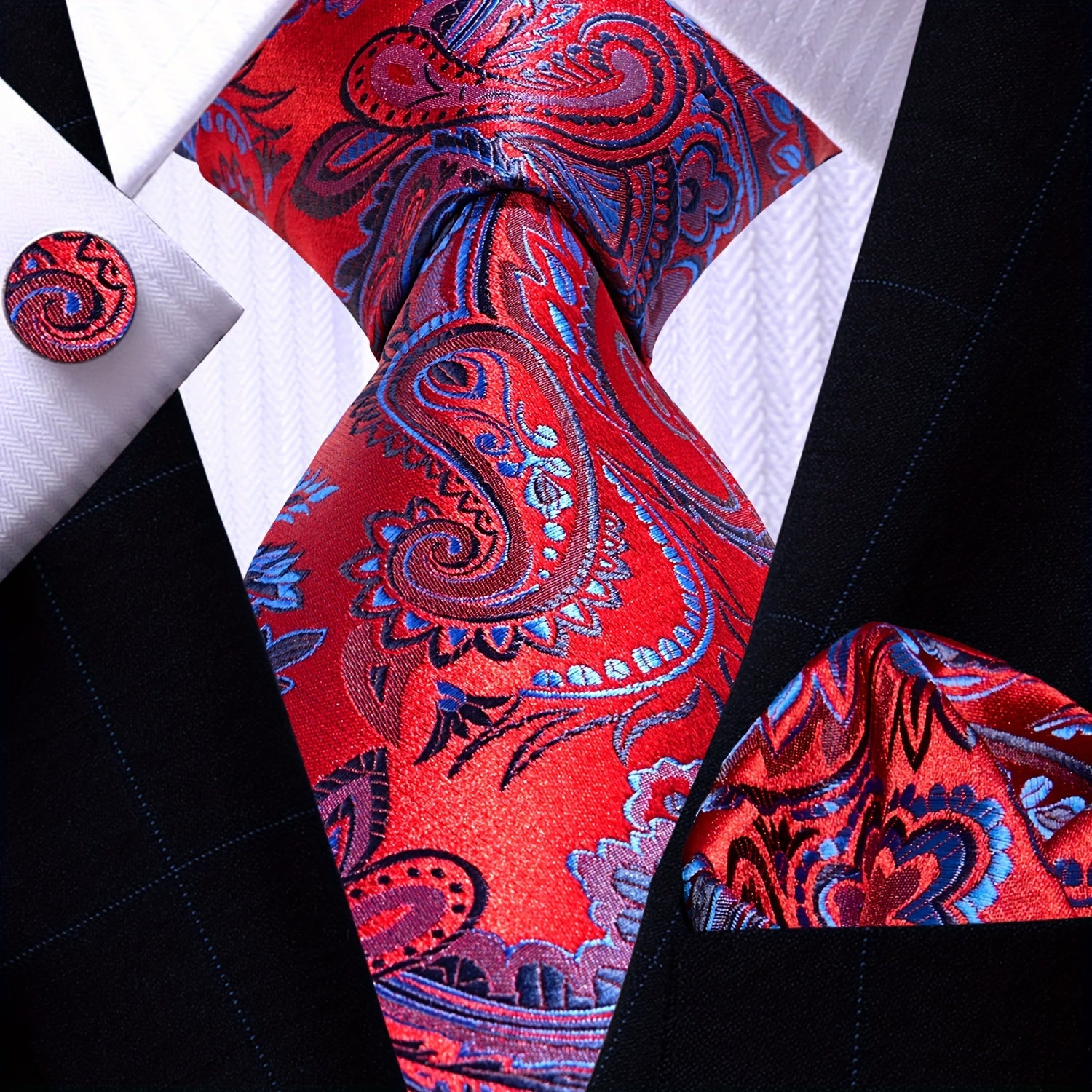 Men's Necktie Pocket Square Cufflinks Set for Wedding Business Party