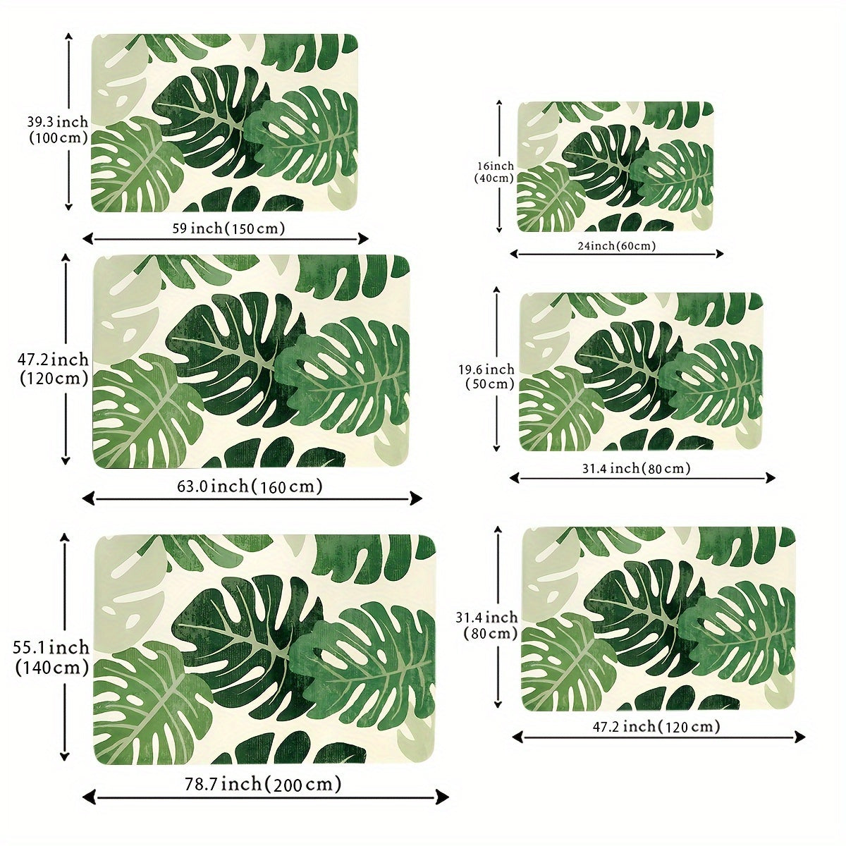 Green Plant Pattern Area Rug Polyester Non-Slip Foam Pad for Living Room Bedroom