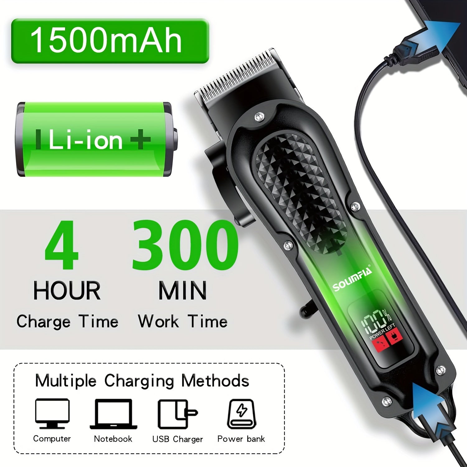 Professional Cordless Hair Clippers for Men with Rechargeable Lithium Battery
