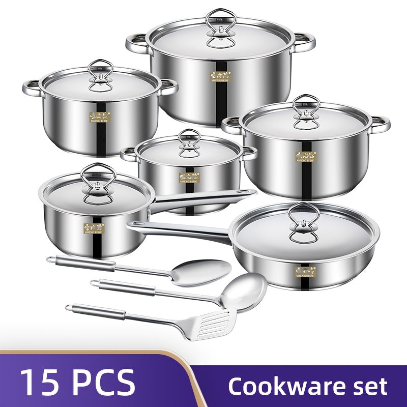 15-Piece Stainless Steel Cookware Set with Non-Stick Pots and Pans for Camping and Outdoor Use
