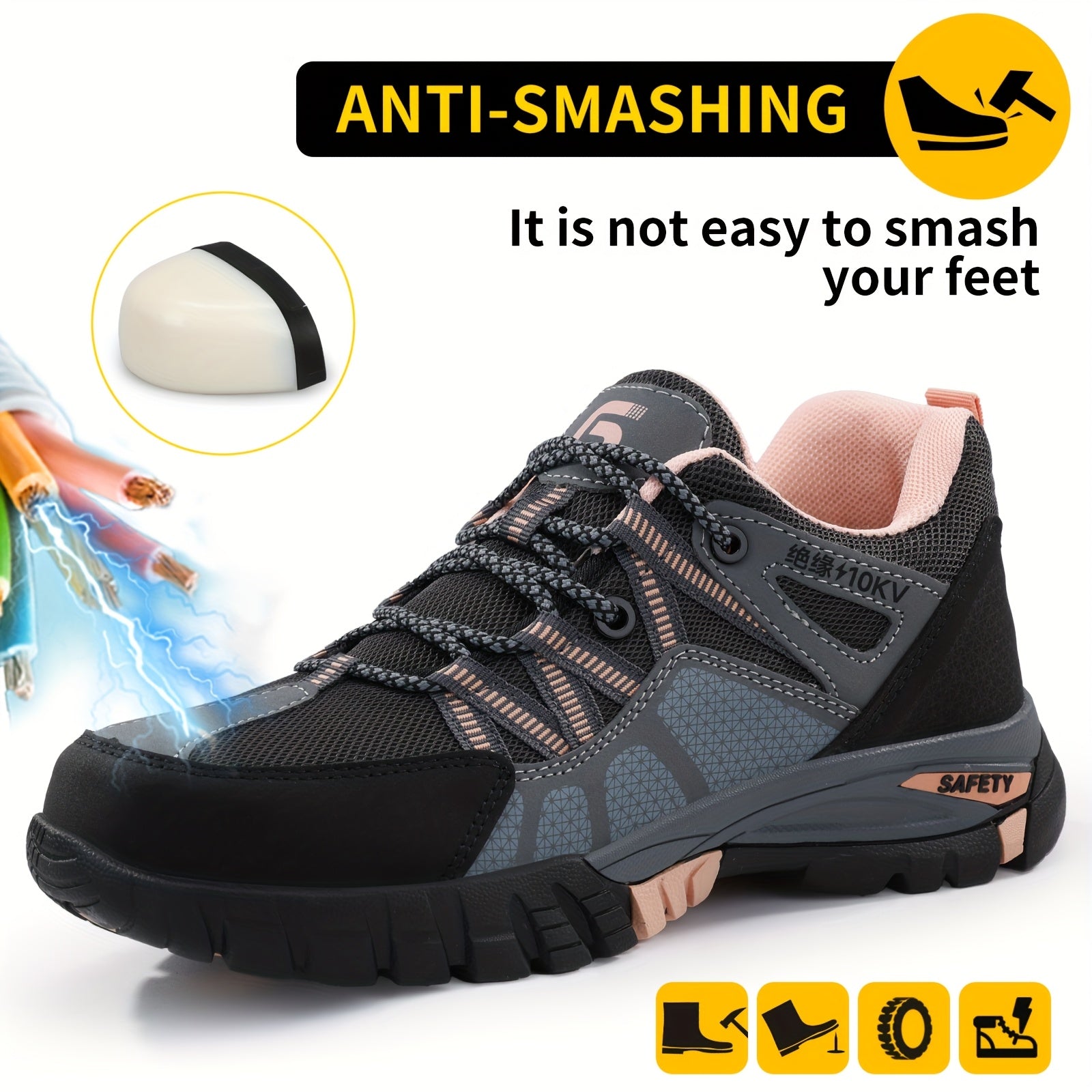 Women's Insulated Electrical Worker Shoes Anti-Puncture Slip-Resistant Steel Toe Black Pink