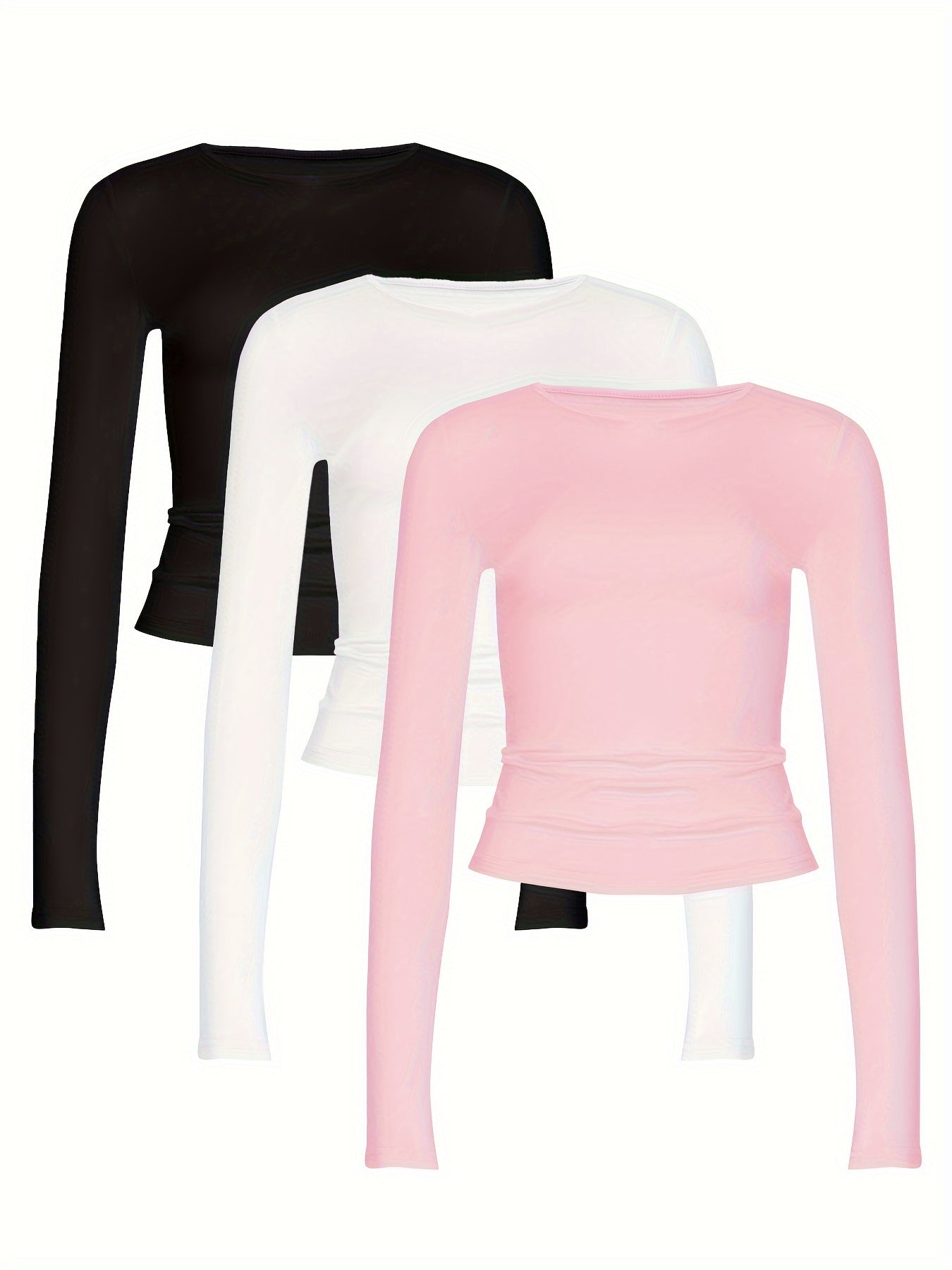Set of 3 Solid Color Long-Sleeve Polyester T-Shirts for Adults Casual Wear