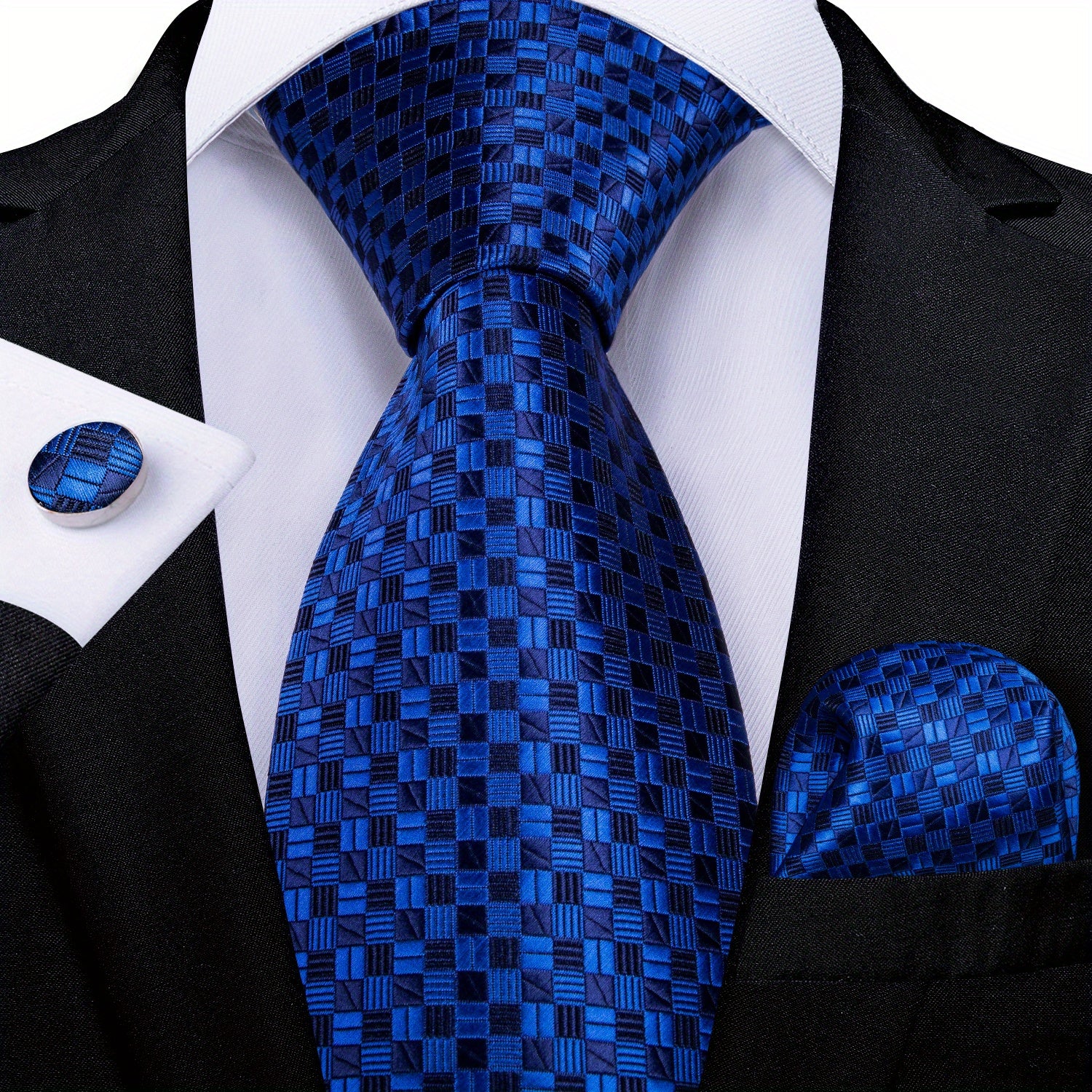 Men's Blue Paisley Striped Tie Handkerchief Cufflinks Wedding Accessories Set