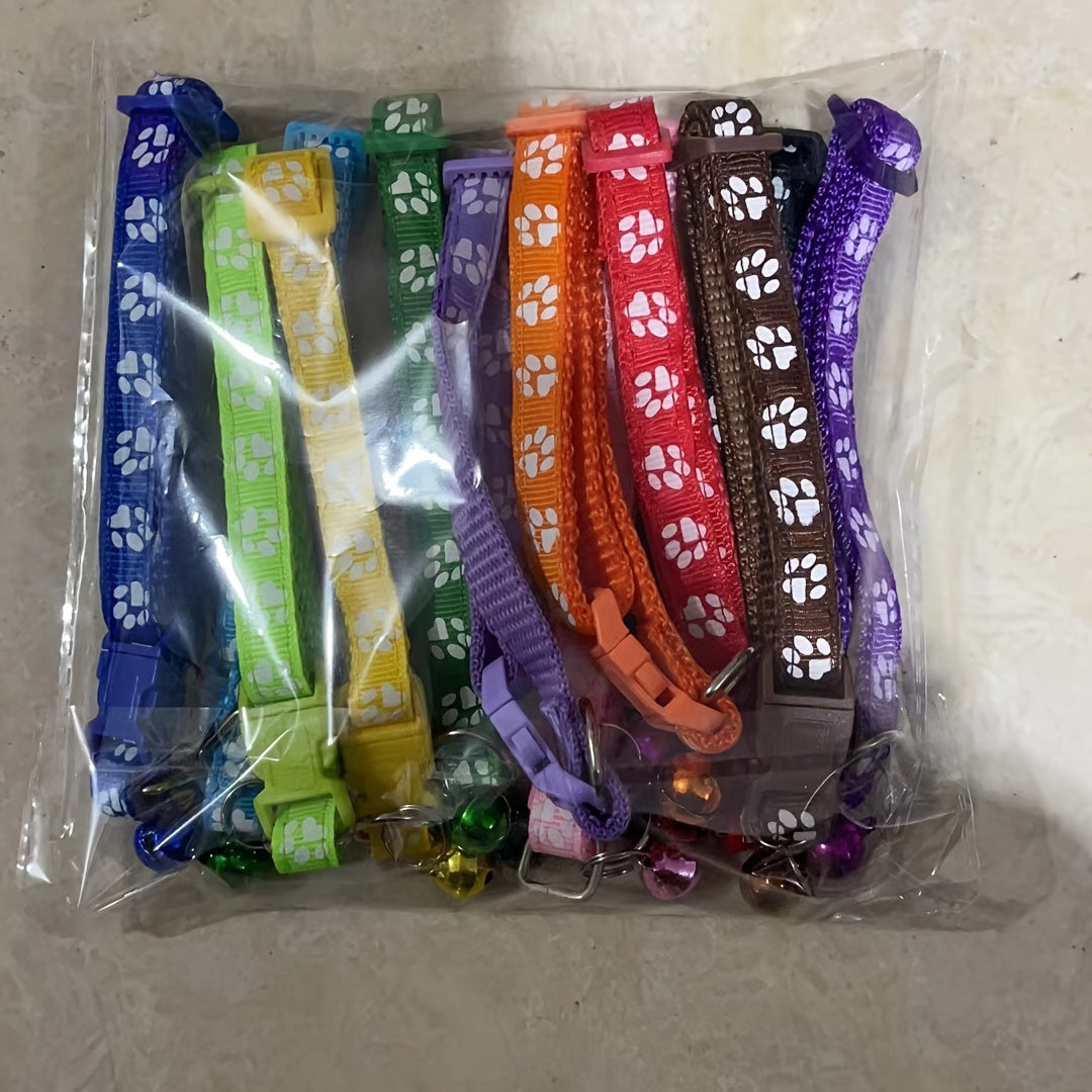 Set of 10 Nylon Pet Collars with Bells for Cats Paw Print Adjustable Safety