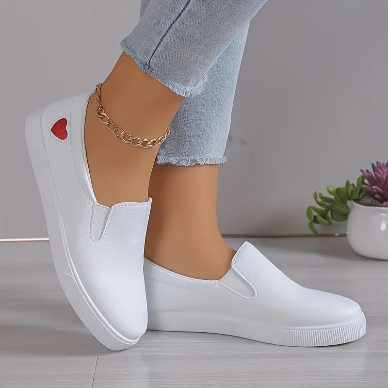 Women's White Slip-On Sneakers with Red Heart, Lightweight, All-Season
