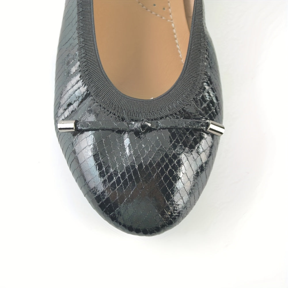 Women's Black Slip-On Ballet Flats with Bow, Round Toe, Ankle Strap