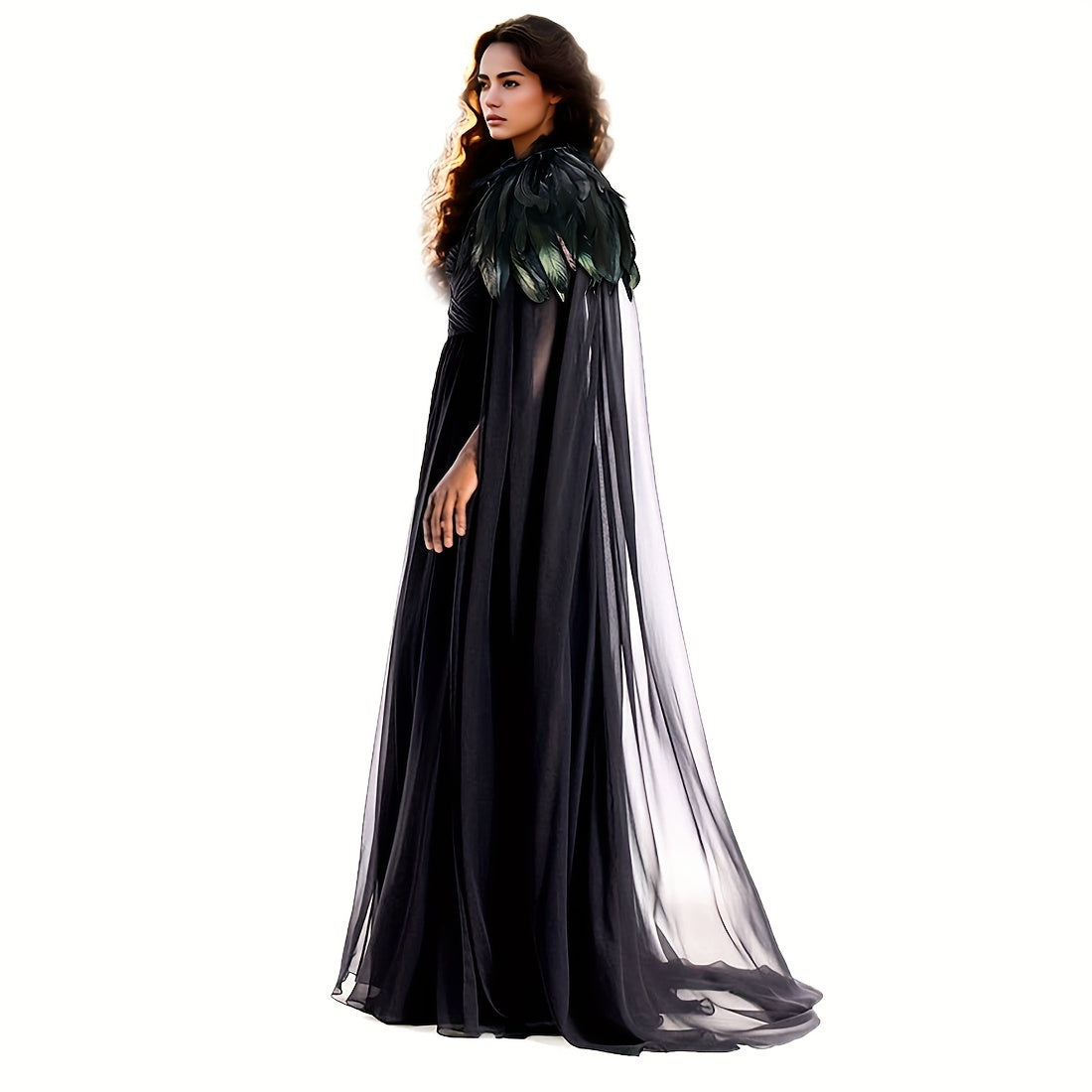 Evil Queen Witch Costume for Women with Feathered Cape Long Robe and Shawl