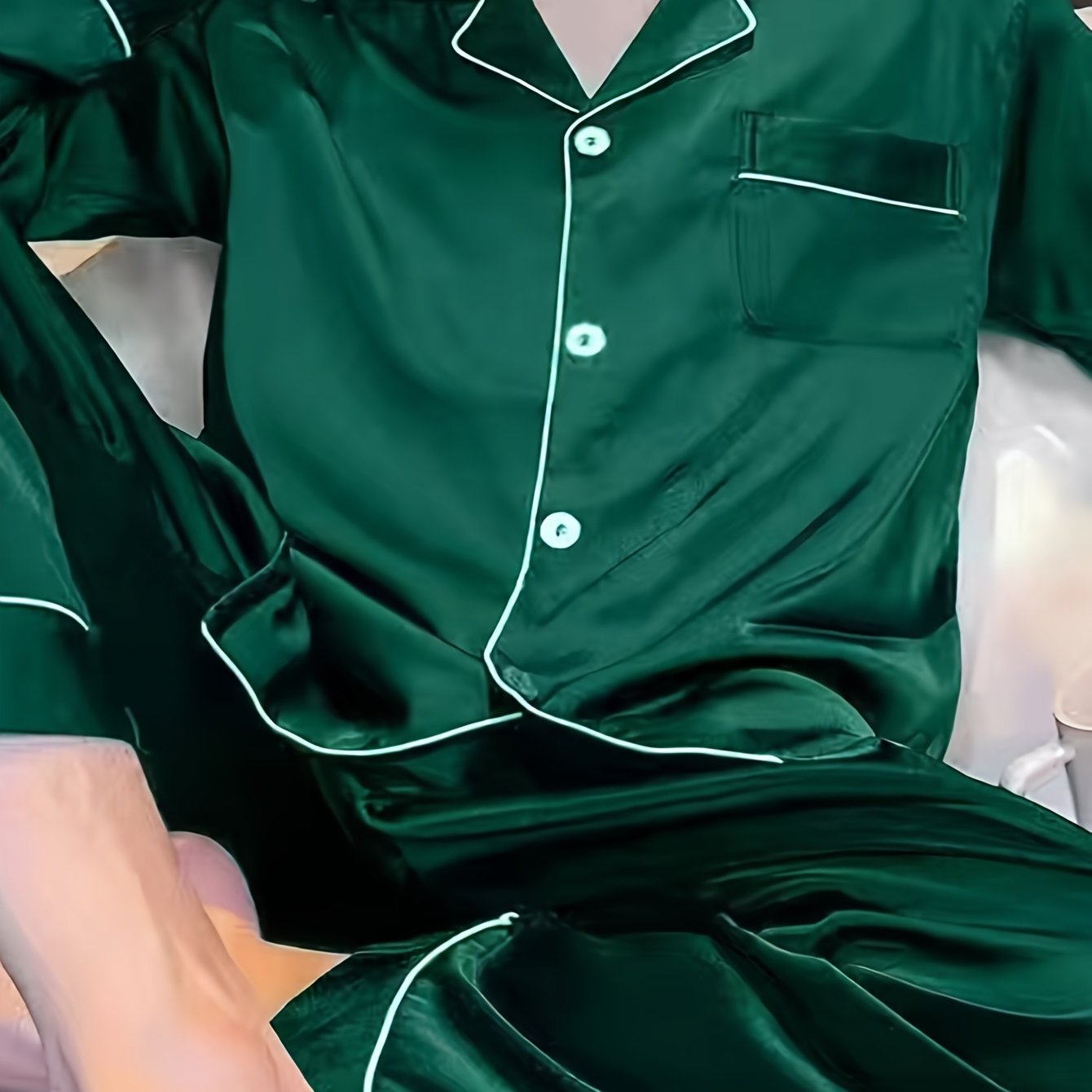 Conjunto de pijama de fibra de hielo para hombre, camisa de manga larga con botones y bolsillos, y pantalones para primavera, otoño y verano