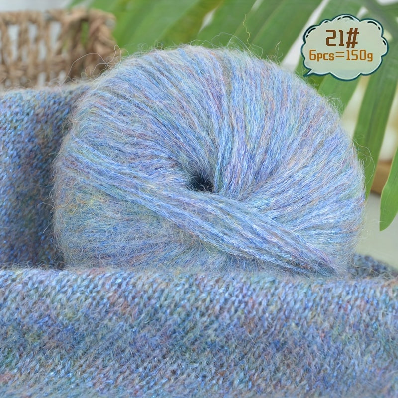 6-to'plam mohir paxta mohair ipi, tikish va makrame uchun, ko'p rangli gradient, 150G