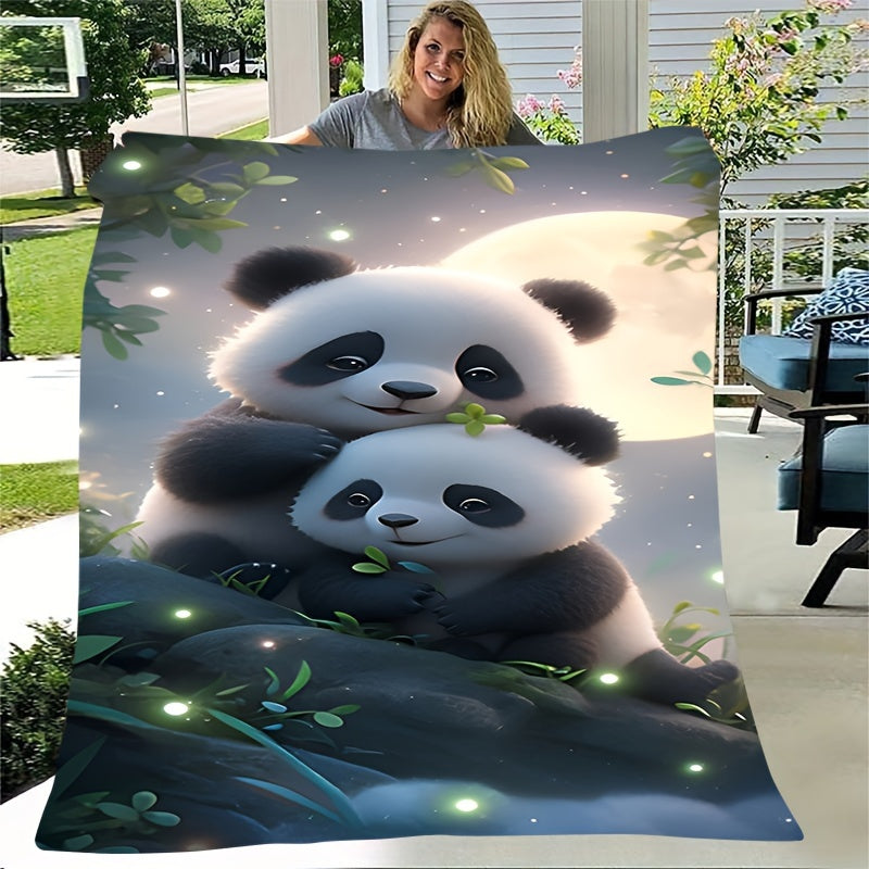 Cozy Flannel Blanket with Panda Print for Sofa Bed Outdoor Camping All Seasons