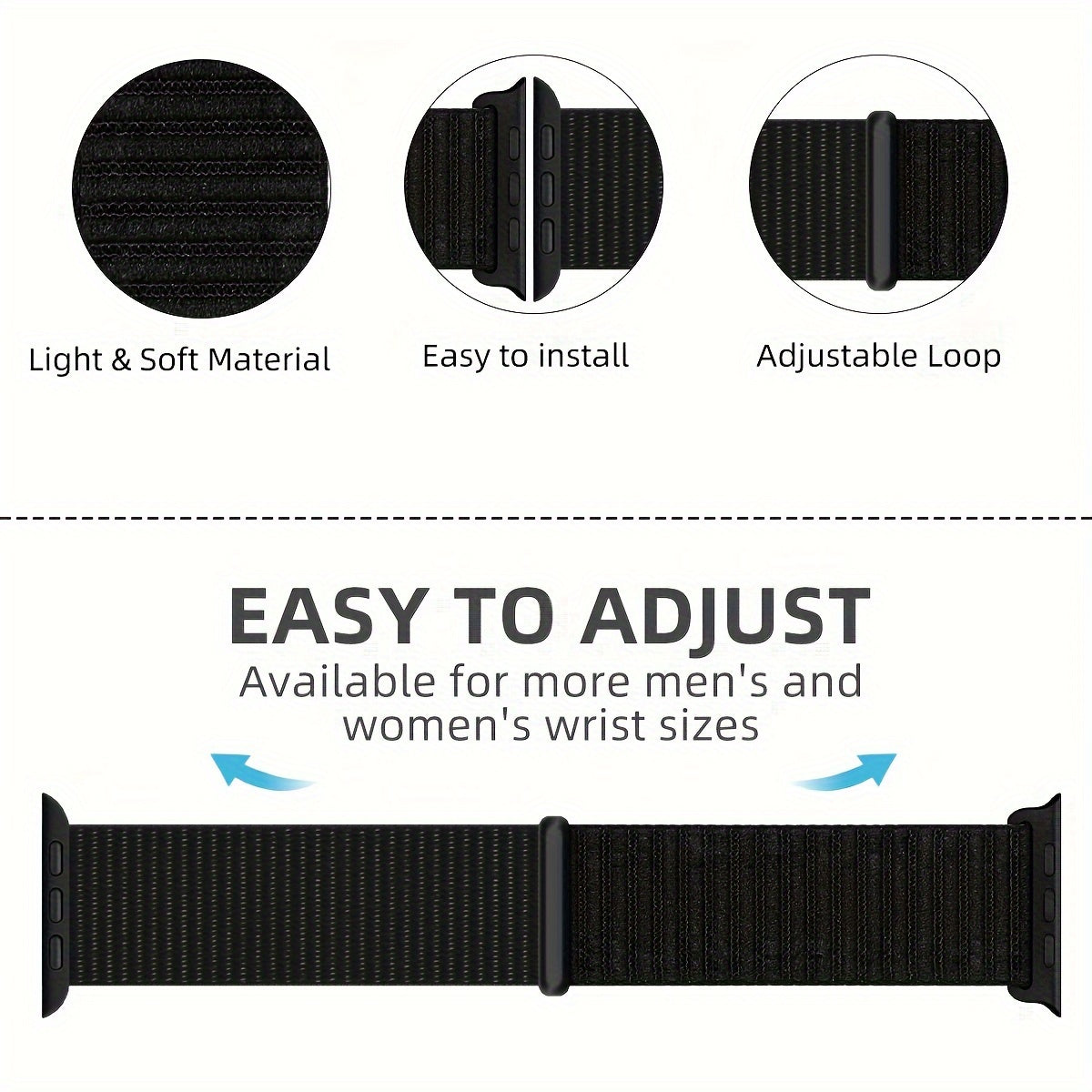 iWatch uchun nylon sport soat tasmasi, turli o'lchamlar bilan mos keladi, erkaklar va ayollar uchun mos, sozlanadigan va nafas oladigan, bir nechta iWatch Series uchun mos.