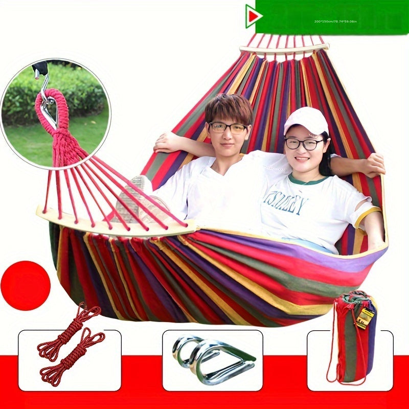 Heavy-Duty Rainbow Canvas Hammock for Single or Double Support Up to 226.8 KG with Wooden Sticks and Tree Straps