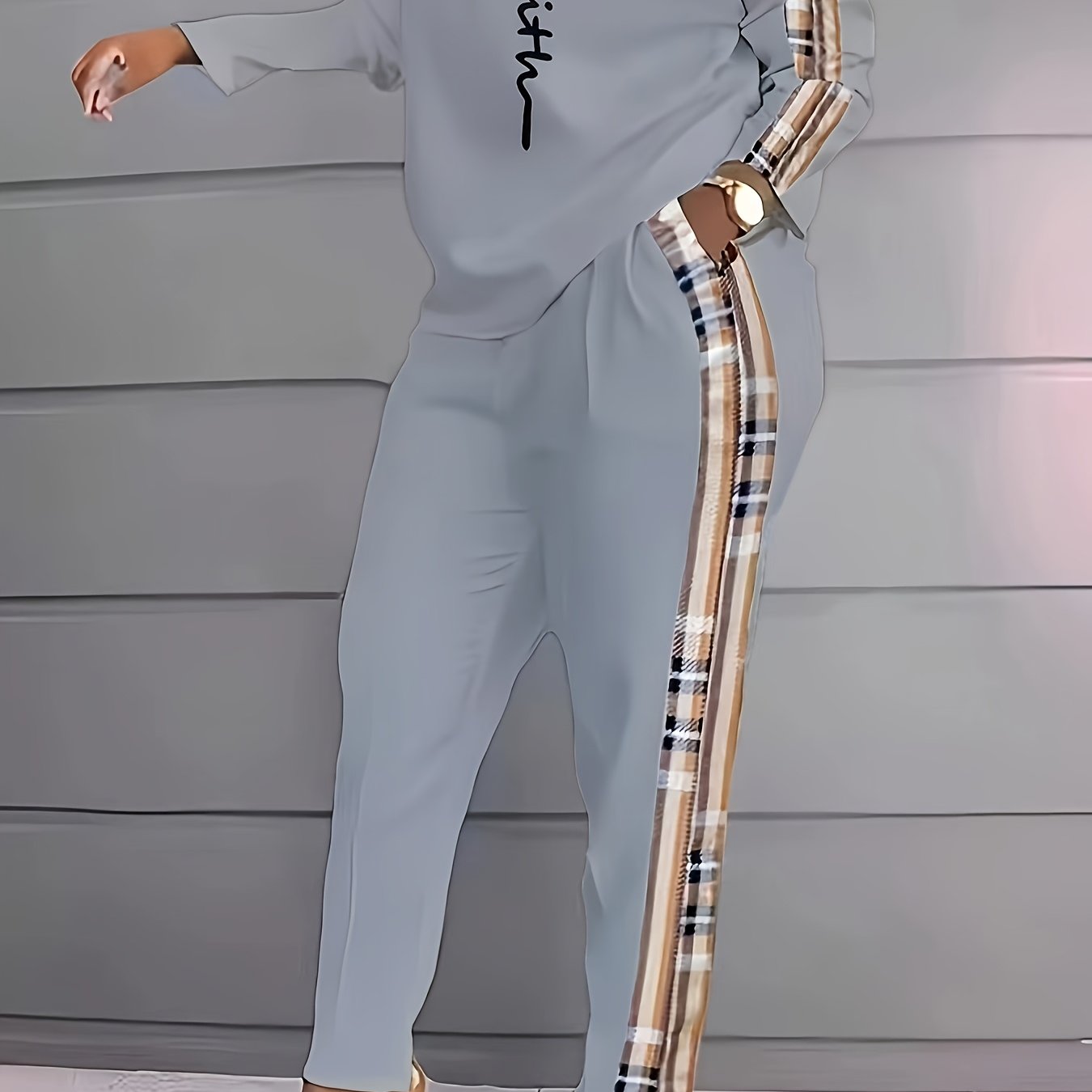 Women's Plaid Print Spandex Knit Jumpsuit with Crew Neck Pockets for Fall Winter