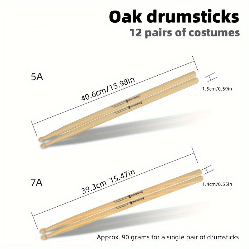 Set of 12 Oak Drumsticks 5A/7A for Jazz Percussion Electronic Drums