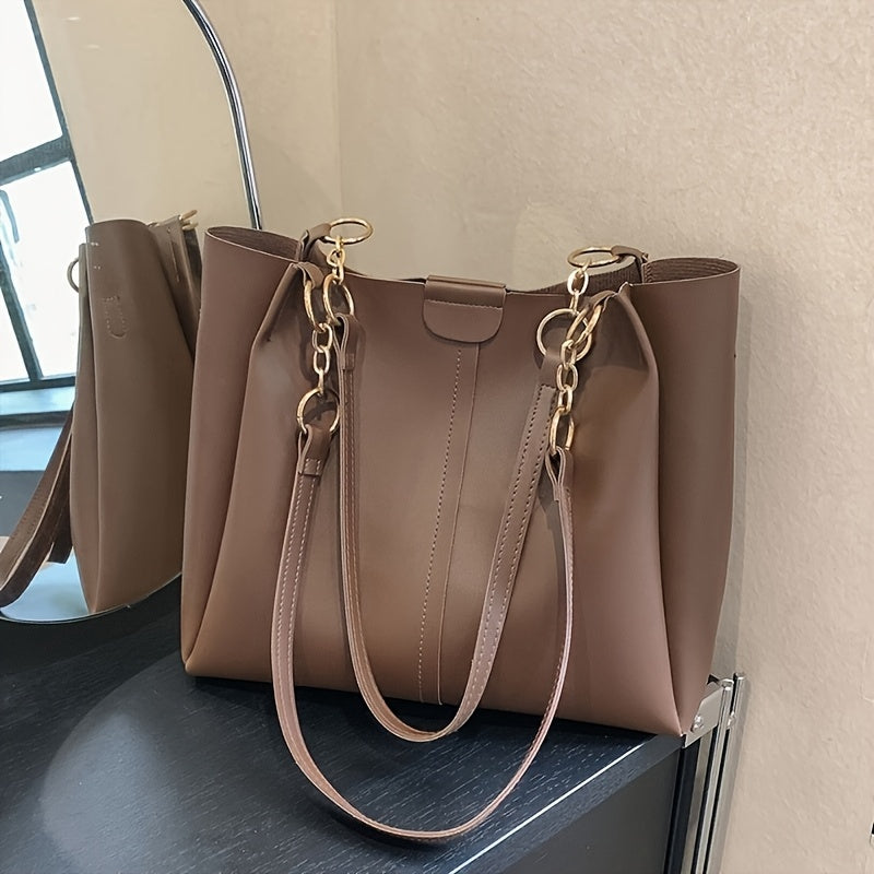 Bolso tote acolchado de PU de gran capacidad para mujer con cierre magnético negro