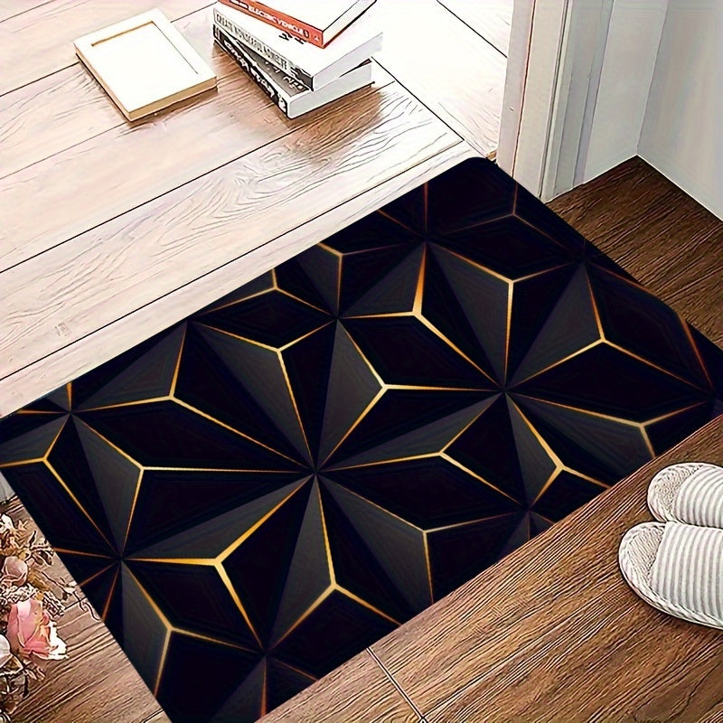 Black and Gold Geometric Area Rug for Living Room and Bedroom Slip-Resistant Carpet
