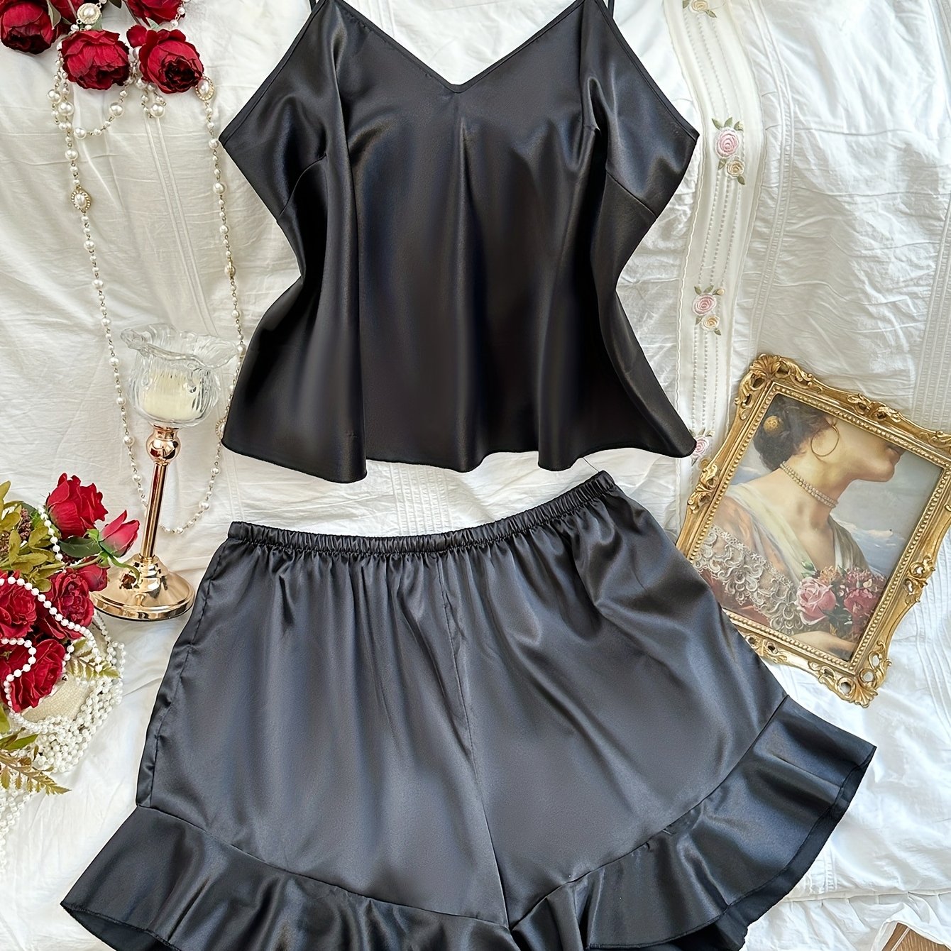 Women's Satin Pink Camisole Sleepwear Set Plus Size Sexy Solid Color