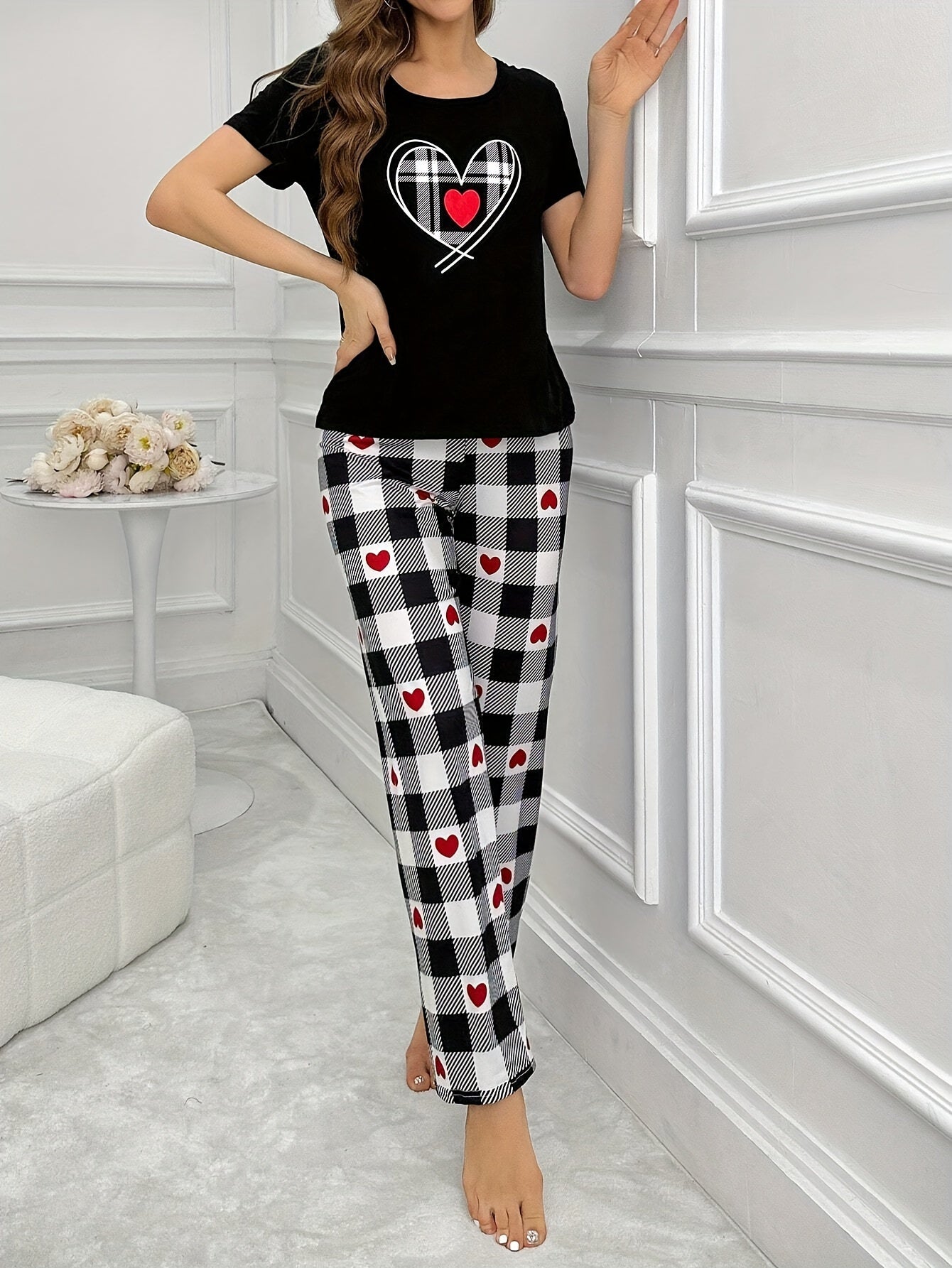 Women's Heart Plaid Pajama Set Short Sleeve Top and Pants Casual All-Season Polyester