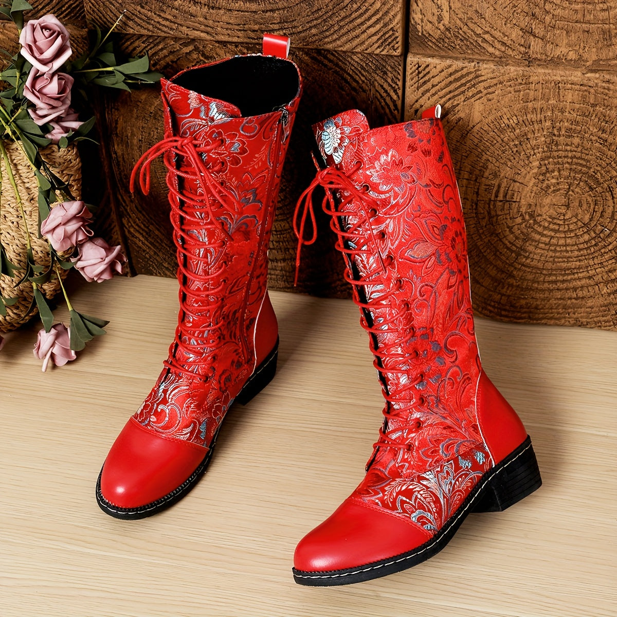 Women's Embroidered Combat Boots All-Season Knee-High Block Heel Rubber Sole