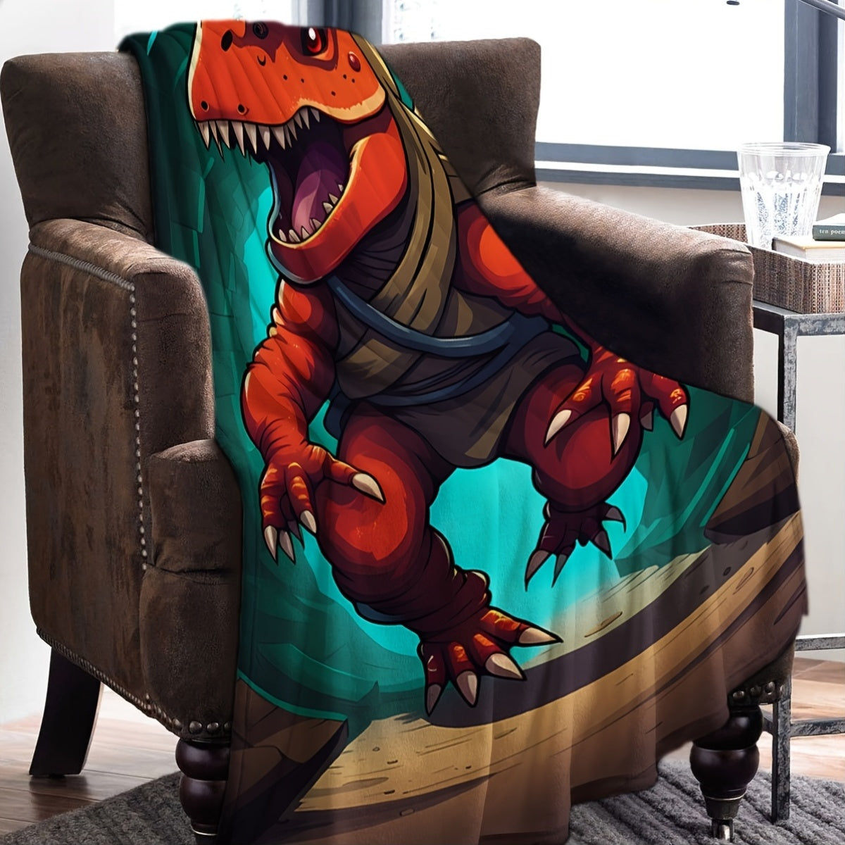 Cartoon Dinosaur Print Knitted Polyester Throw Blanket for Kids and Adults
