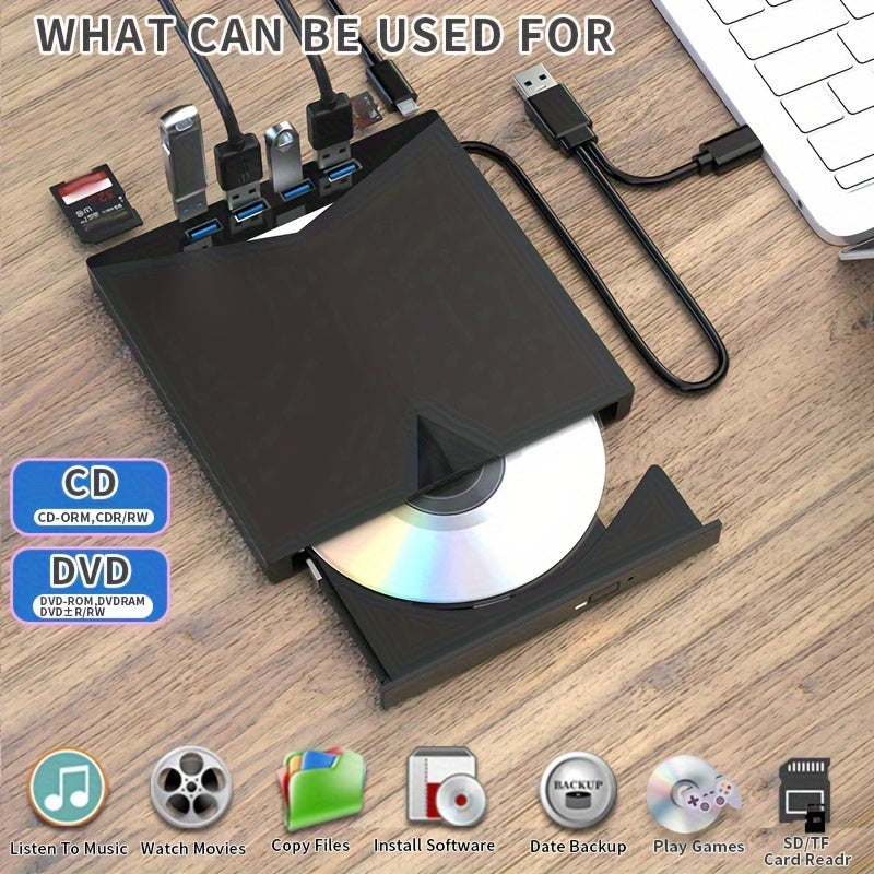 USB 3.0 Портативный CD/DVD Привод: Запись и Воспроизведение, Совместим с Ноутбуками, Настольными ПК, ПК, Mac