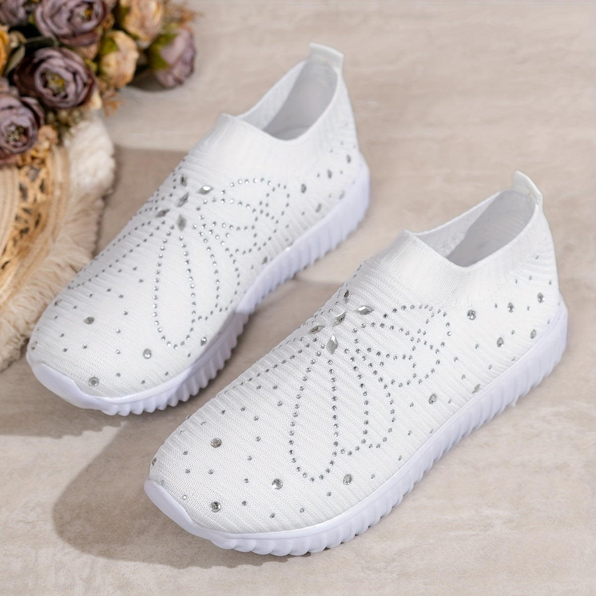 Women's Knit Low-Top Sneakers with Crystals, EVA Sole, Slip-On, All-Season