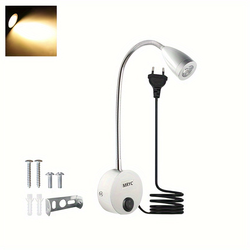 Wall-Mounted LED Reading Light with Flexible Goose Neck and Switch for Bedroom Office Studio