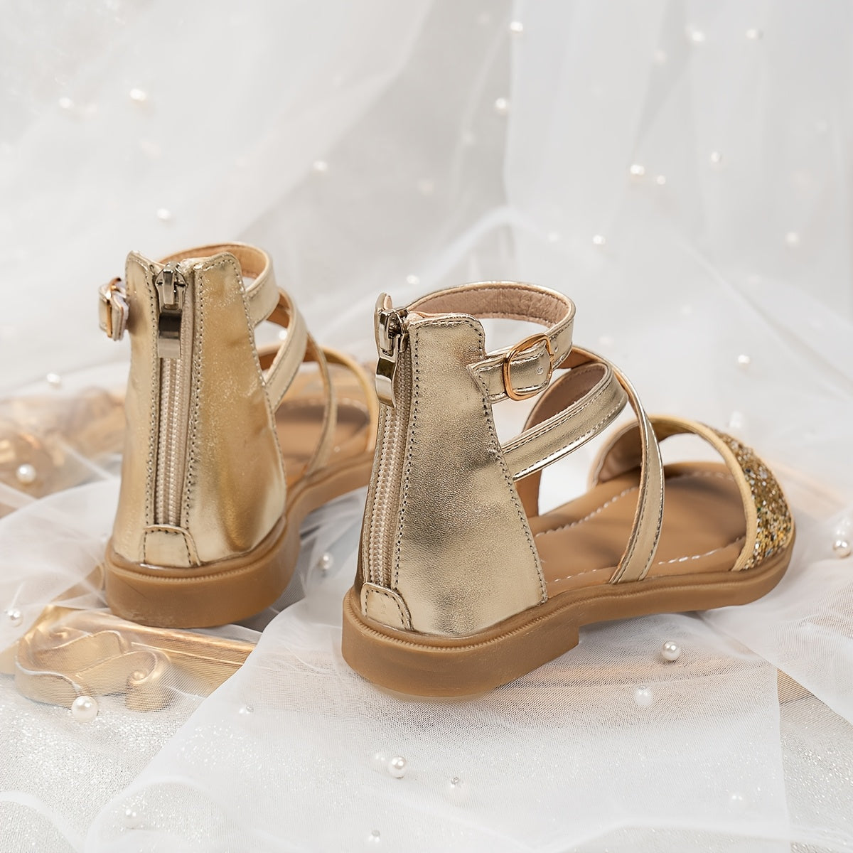Girls' Glitter Stripes Roman Sandals with Ankle Strap and TPR Sole