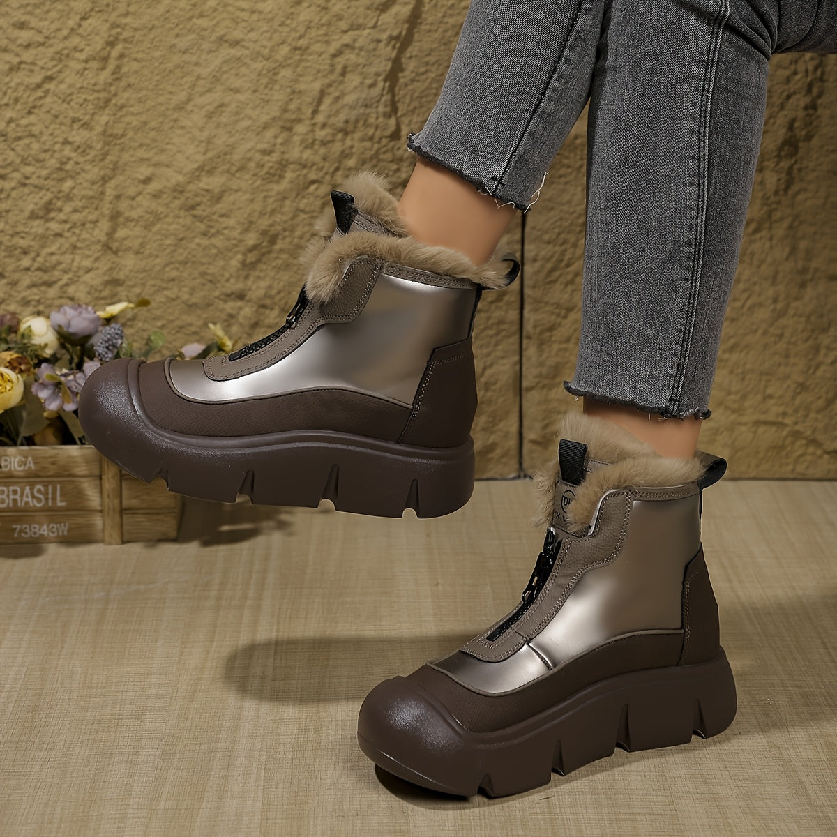 Women’s Mid-Calf Chelsea Boots Faux Fur Trim All-Season Winter Flats