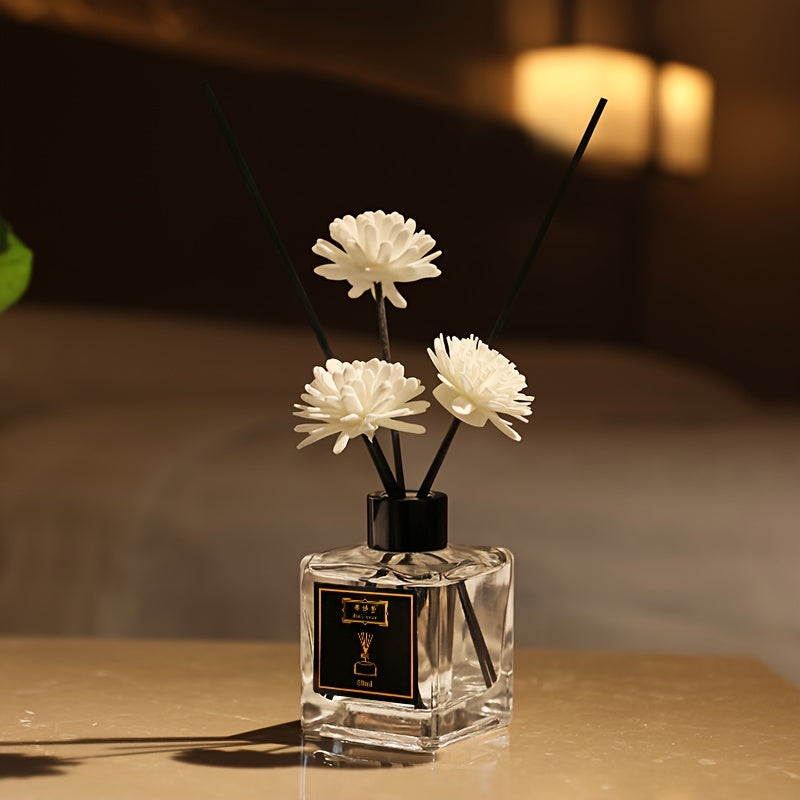 50ml aromatizlangan reed diffuzor to'plami, to'rtburchak shisha shisha bilan, rattan tayoqchalari va Sola gullari bilan, uy va hammom uchun