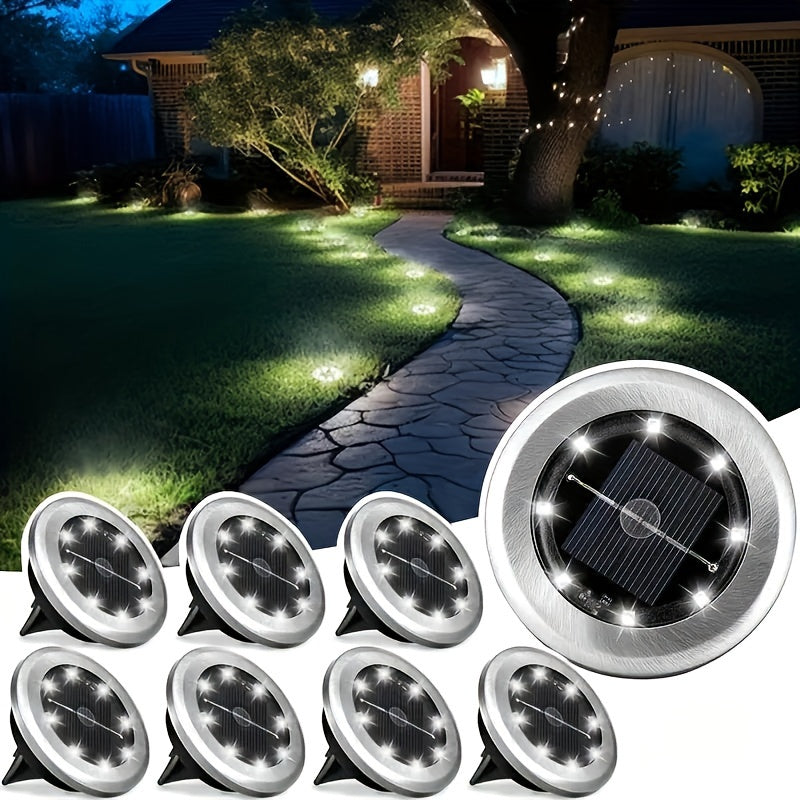 8PCS Luces solares de suelo para exteriores, luces de camino para césped, jardín, resistentes al agua, acero inoxidable, 8LED