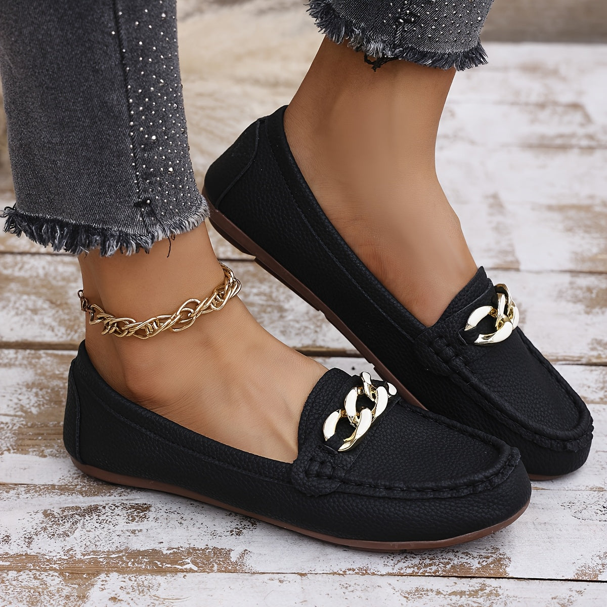 Women's Slip-On Loafers White Beige Black with Gold Chain Rubber Sole