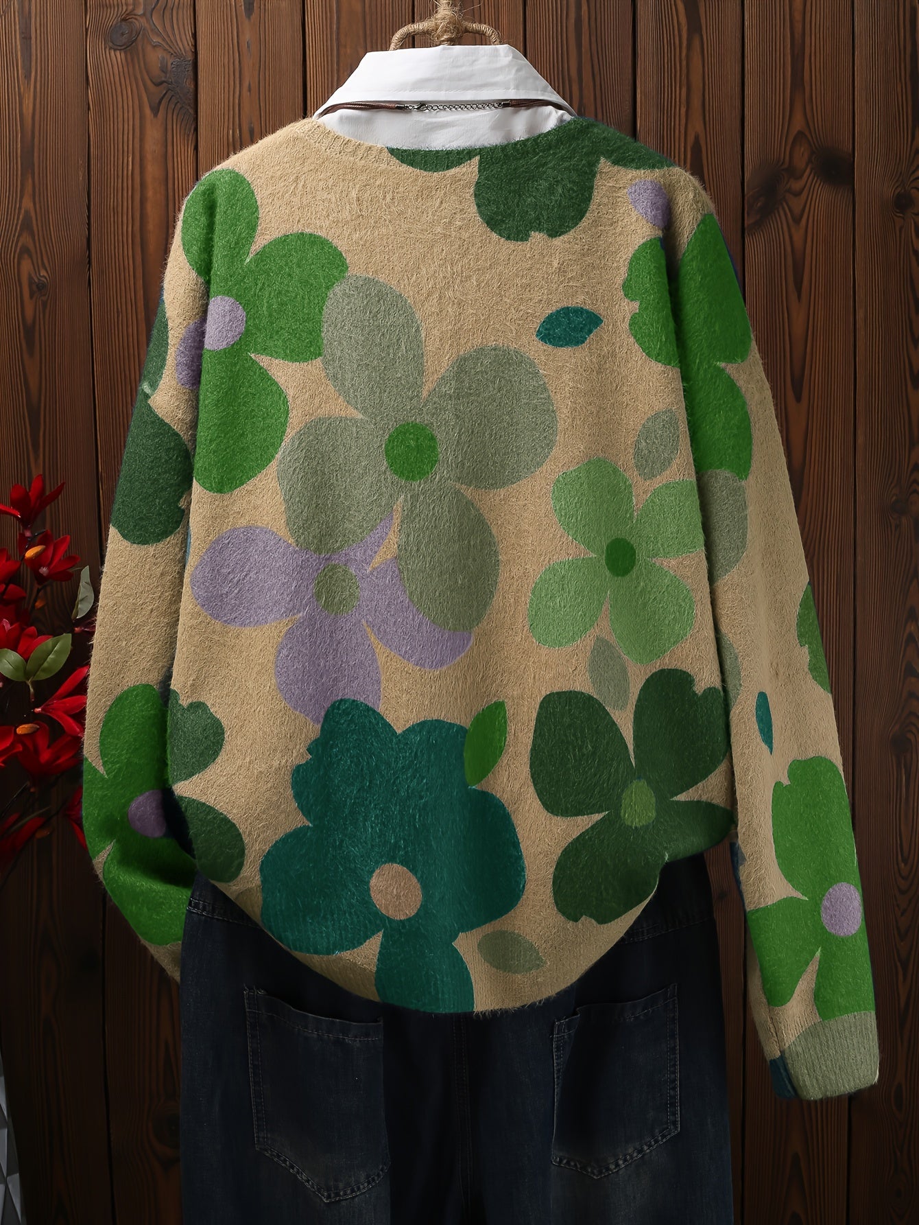 Plus Size Floral Print Button Front Cardigan V Neck Long Sleeve Spring Fall Women's Clothing