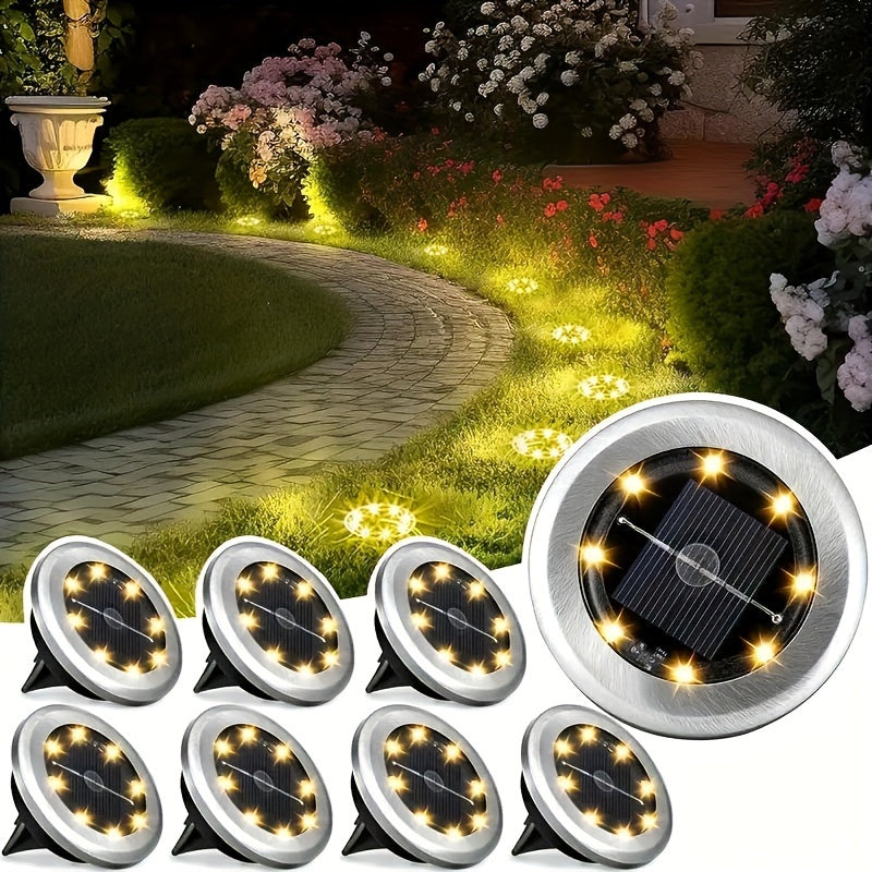 8PCS Luces solares de suelo para exteriores, luces de camino para césped, jardín, resistentes al agua, acero inoxidable, 8LED