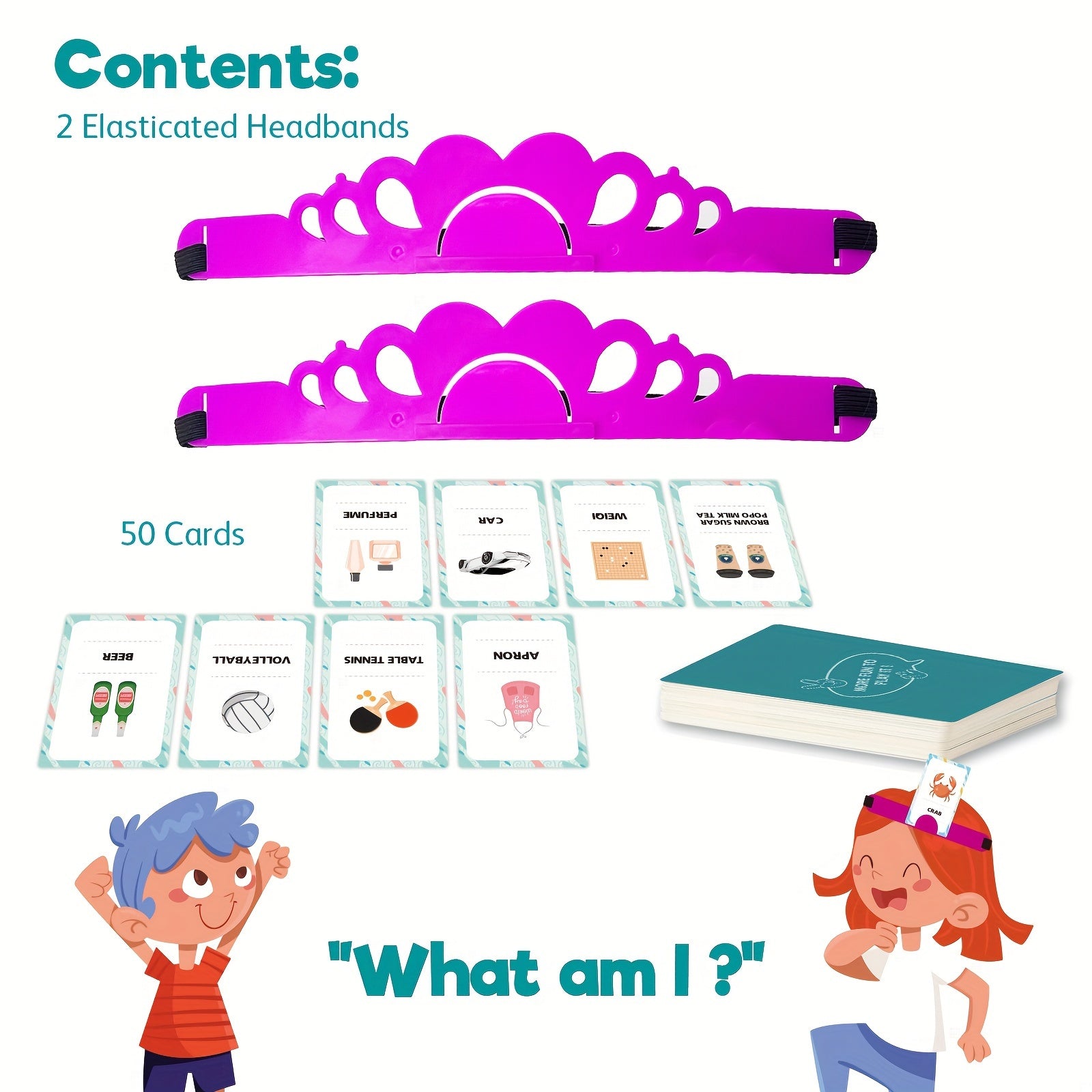 Family Guessing Card Game for Families Includes Headbands and 50 Durable Cards
