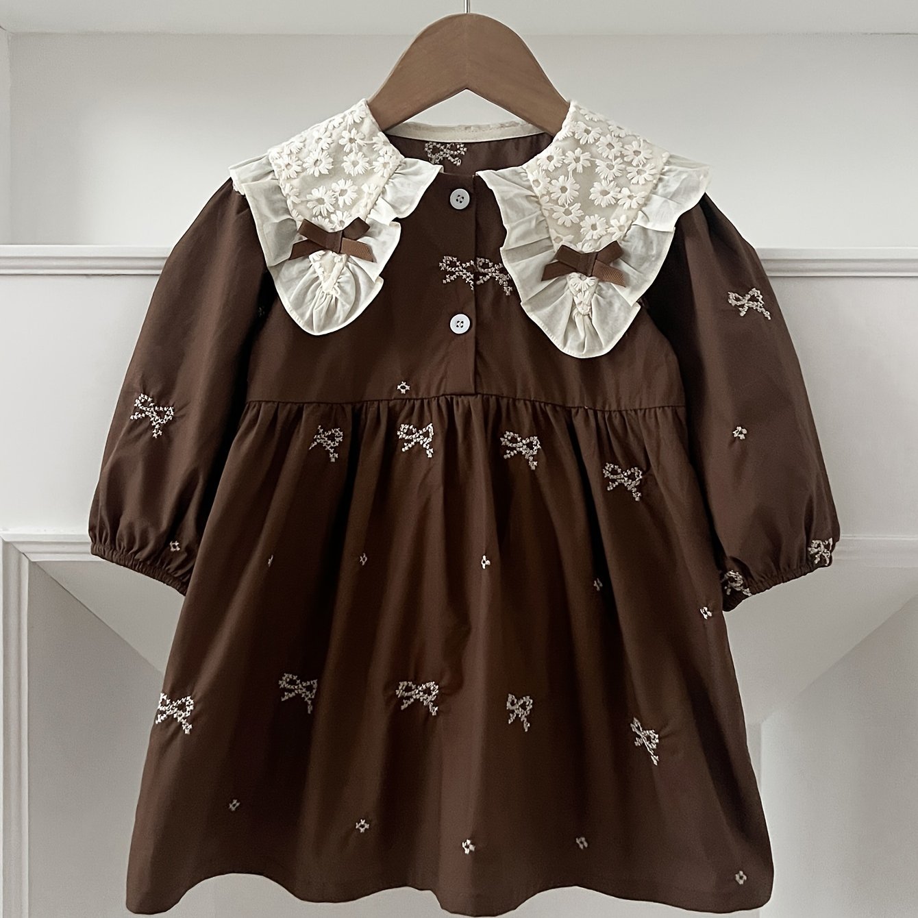 Girls' Navy Blue Cotton Princess Dress with Bow Ruffled Collar and Long Sleeves