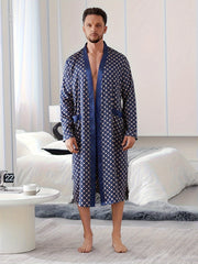 Men's Casual Pajama Set with V-Neck Robe Belt Random Print Polyester Non-Stretch