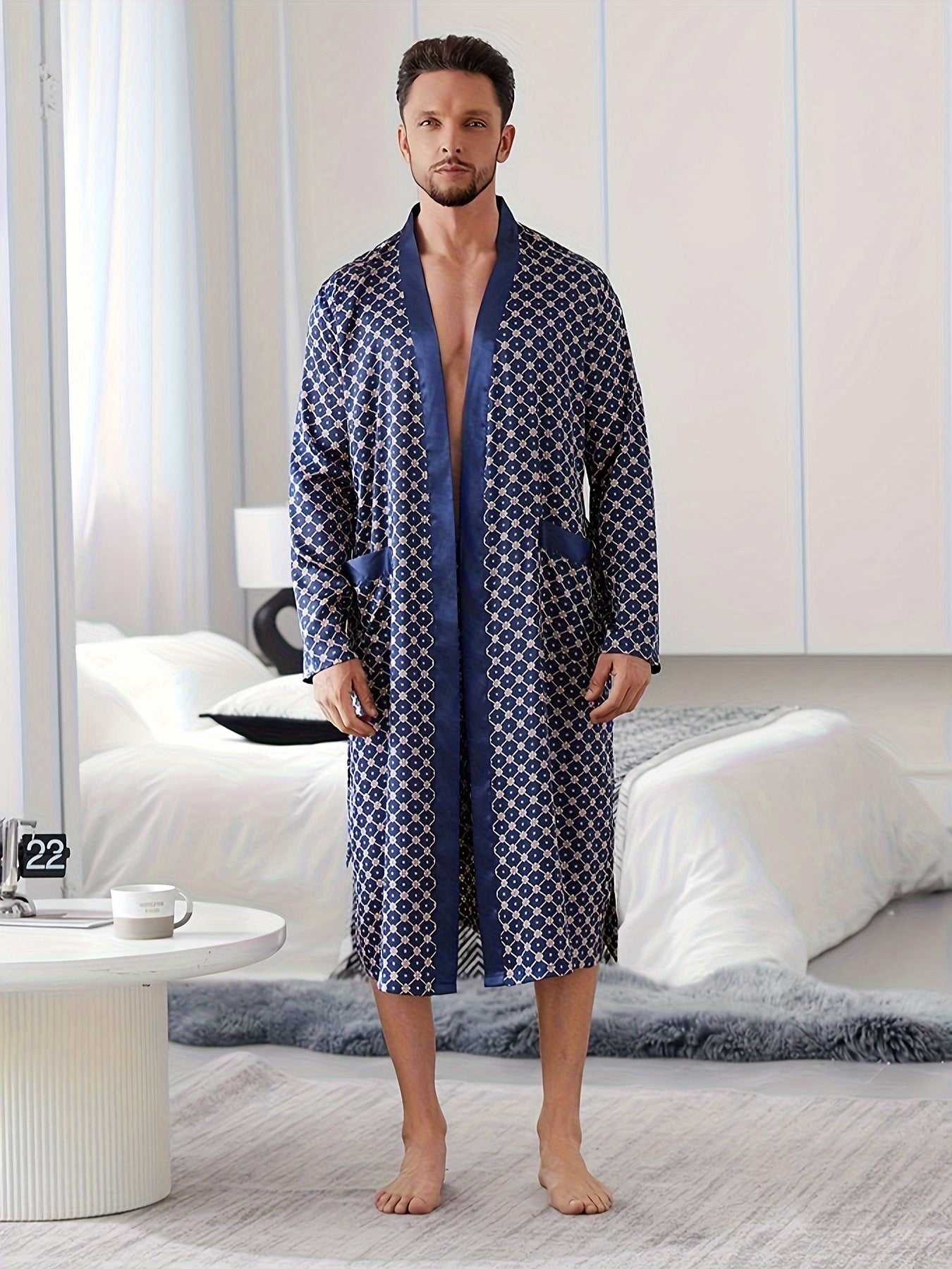 Men's Casual Pajama Set with V-Neck Robe Belt Random Print Polyester Non-Stretch