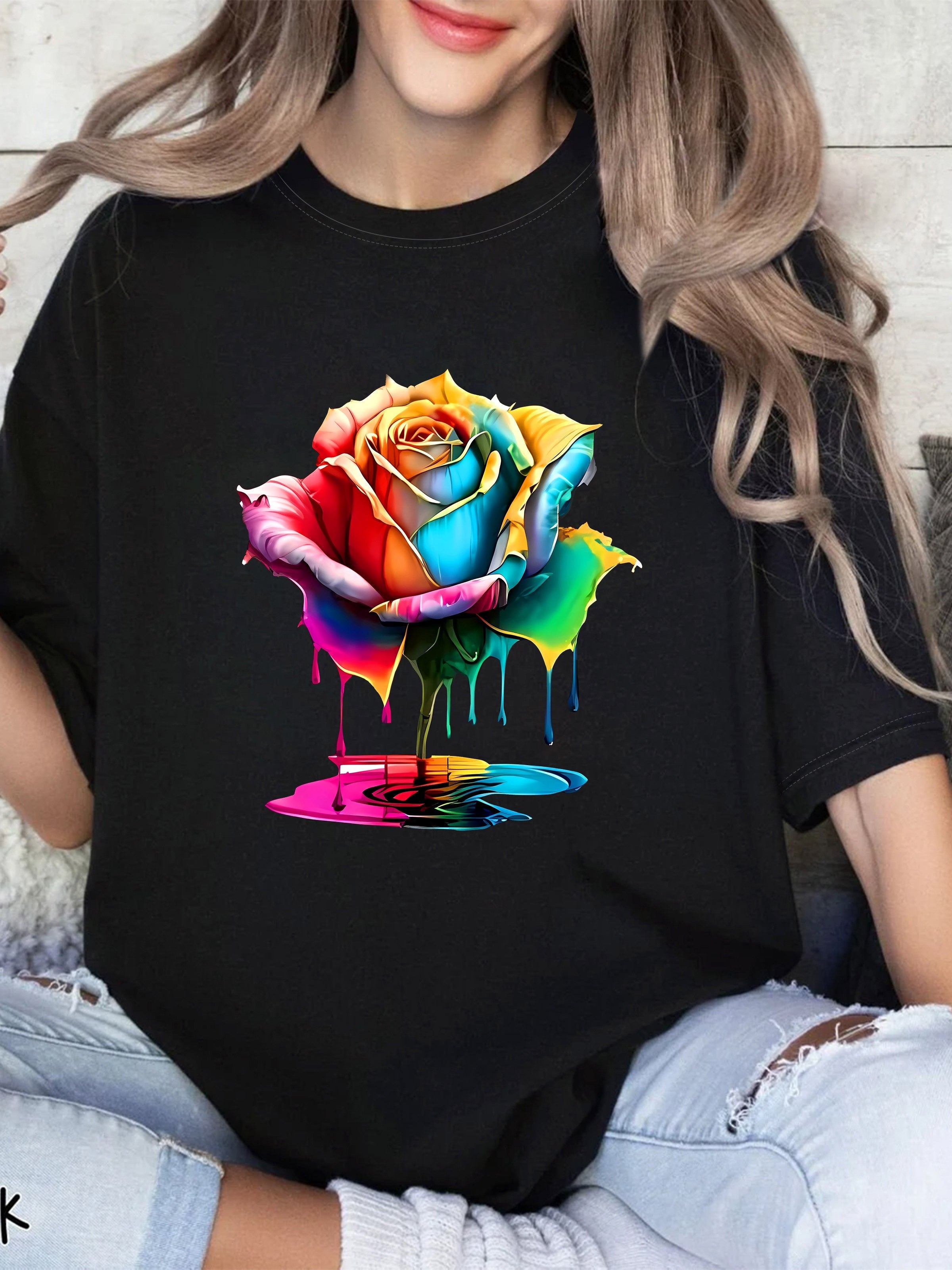 Plus Size Women’s Rainbow Rose Print Casual Sporty T-Shirt Oversized Short Sleeve