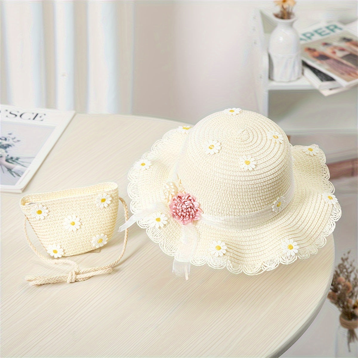 Teen Girls Straw Hat with Daisy Pattern and Matching Bag Summer Water-Resistant