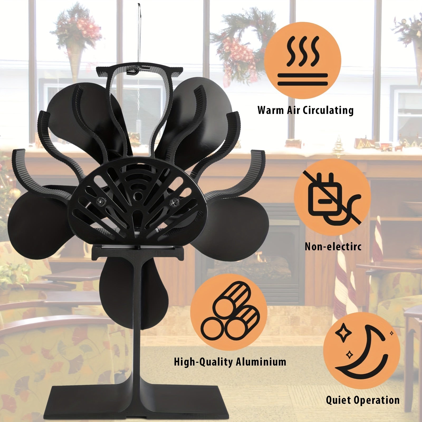 Portable 5-Blade Wood Stove Fan Heat Powered No Electricity Heating Cooling Gift