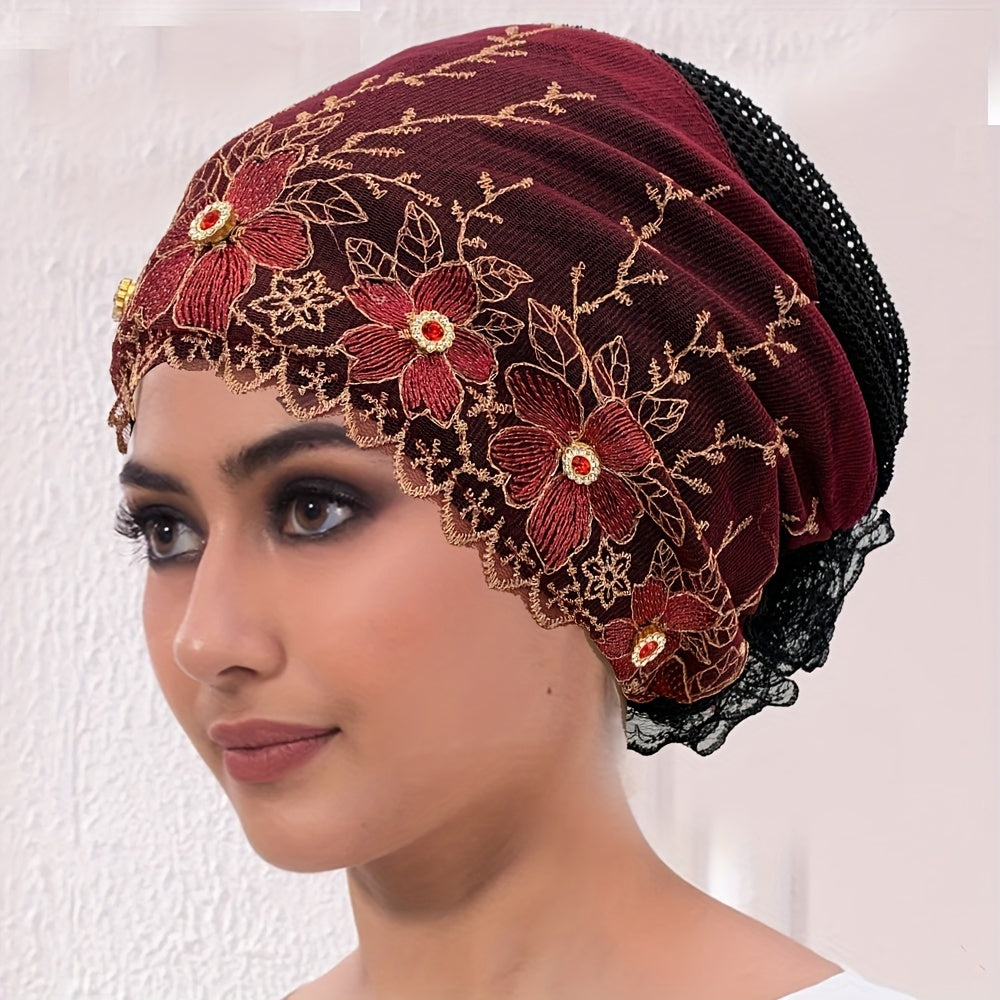 Women's Polyester Turban Hat with Rhinestones Breathable Summer Headscarf for Chemo Patients