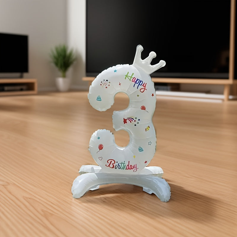 White 32-Inch Crown Number Balloon with Colorful Designs for Birthday Party