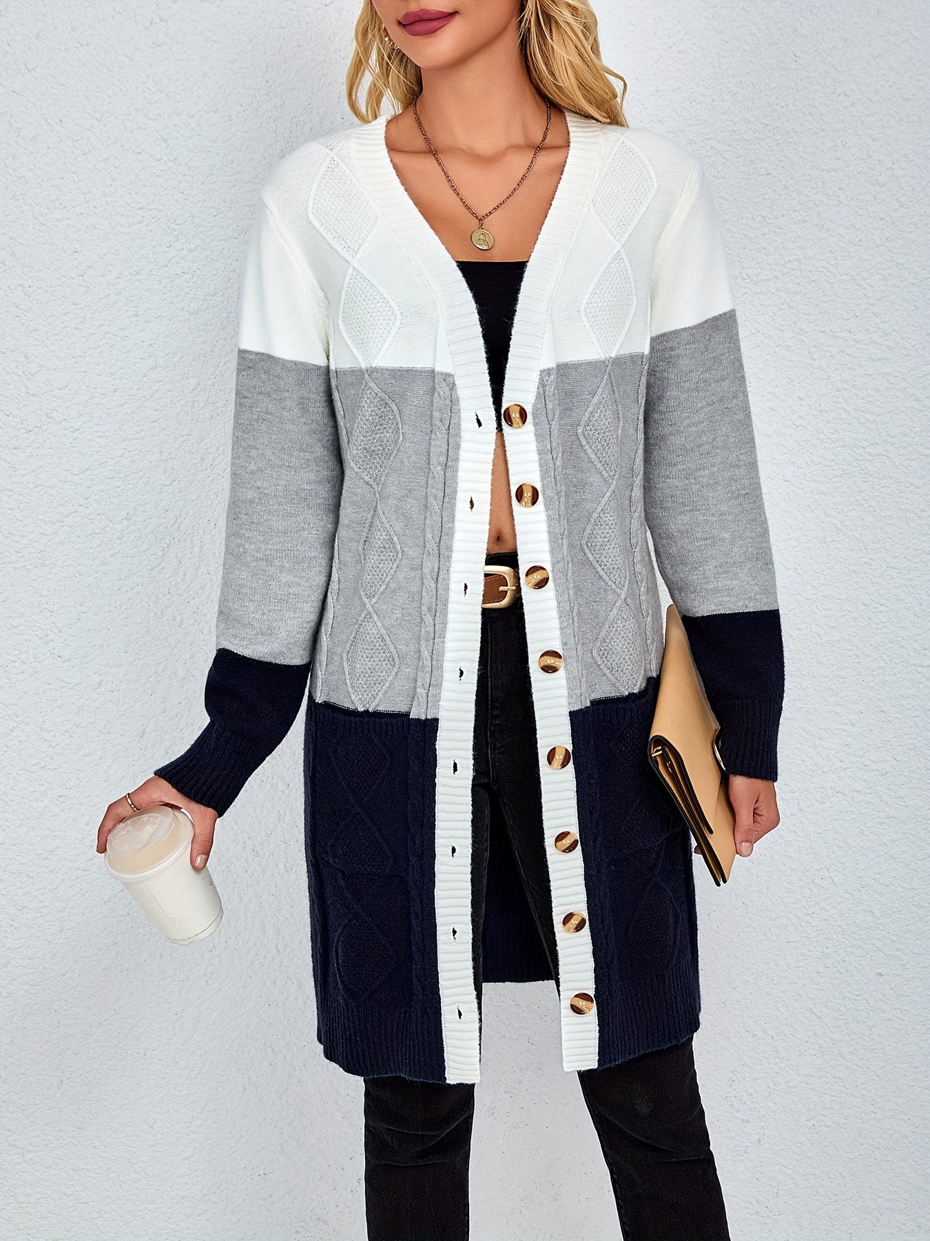 Women's Color Block V-Neck Knit Cardigan with Long Sleeves