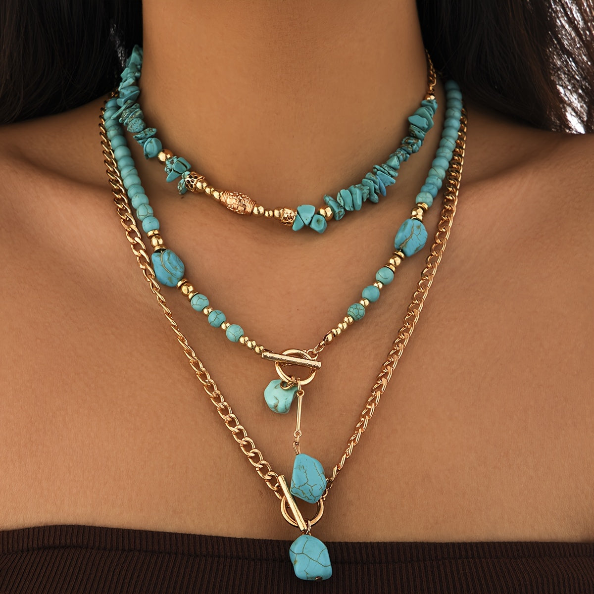 Set of Three Turquoise Boho-Chic Necklaces with Acrylic Pendants for Everyday and Party Wear