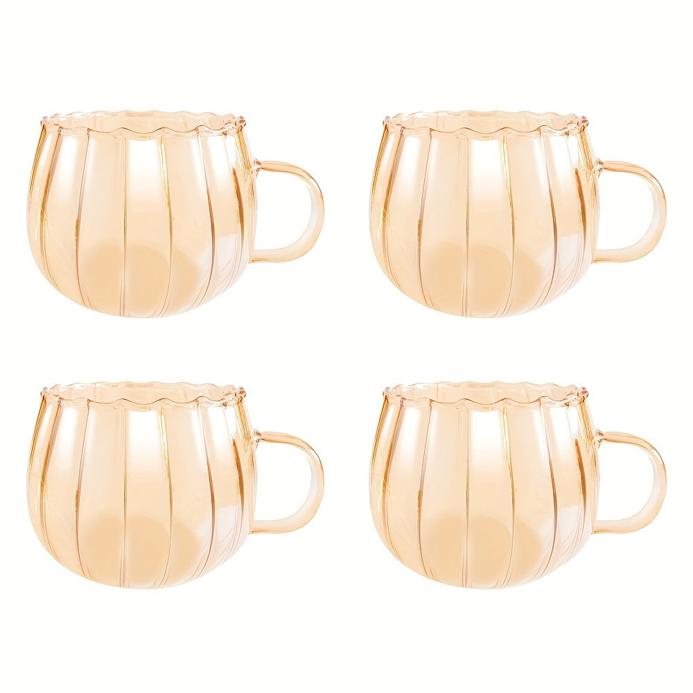 Set of 4 Handcrafted Borosilicate Glass Mugs with Colorful Stripes Pumpkin-Shaped Large Belly 15.5oz